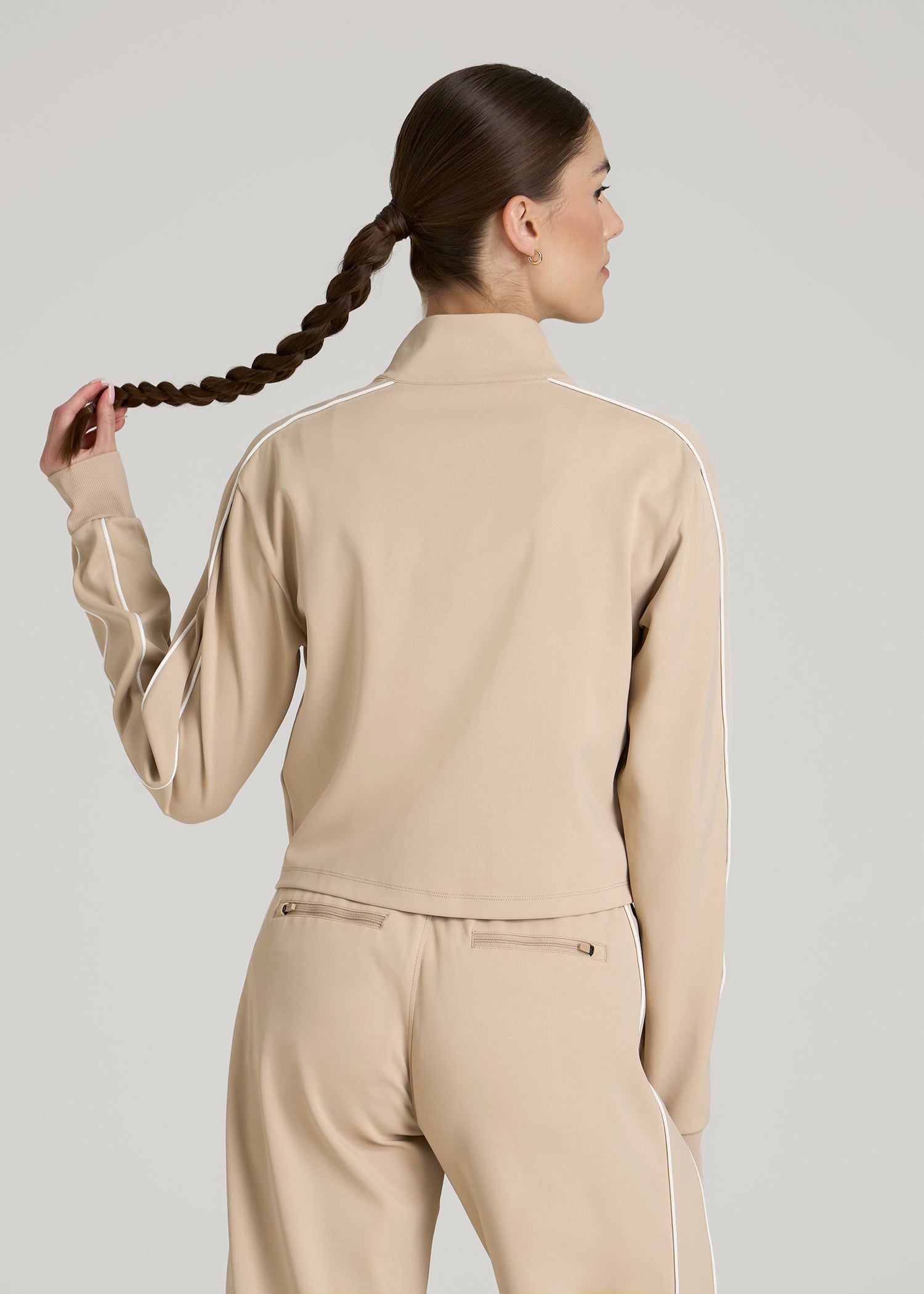 American Tall Online | Cropped Track Jacket with Piping for Tall Women in Clay