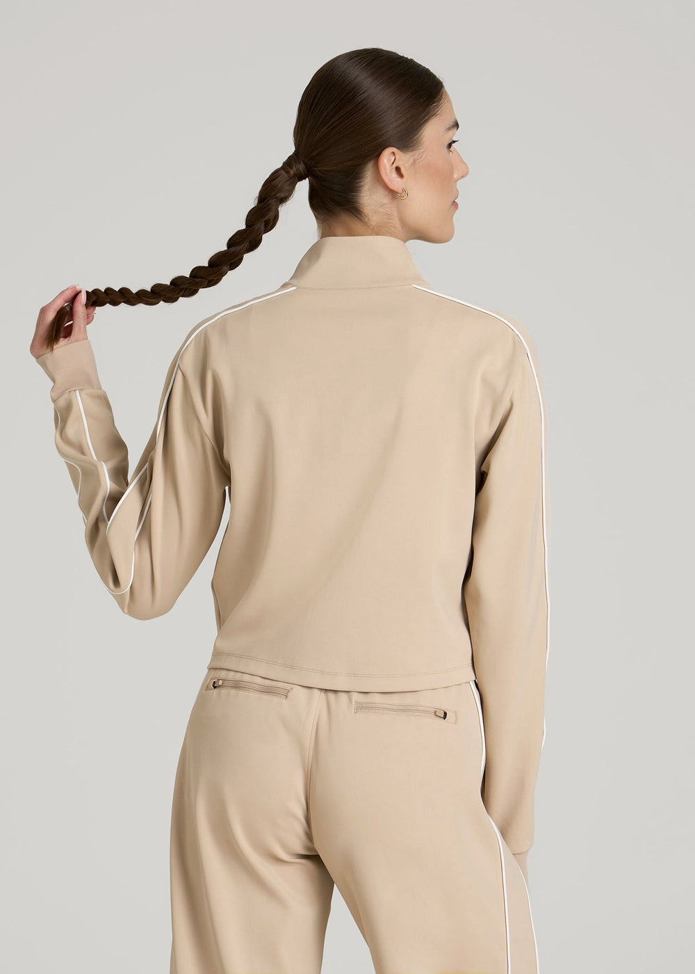 American Tall Online | Cropped Track Jacket with Piping for Tall Women in Clay