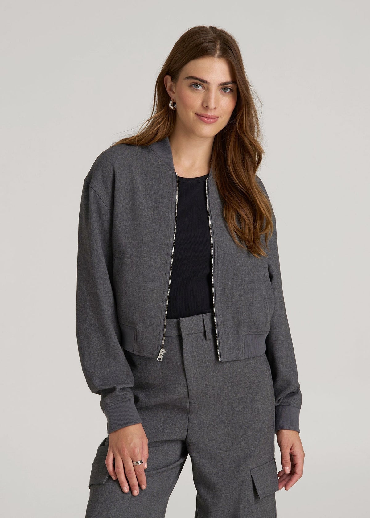 American Tall Outlet | Cropped Bomber Jacket for Tall Women in Graphic Charcoal