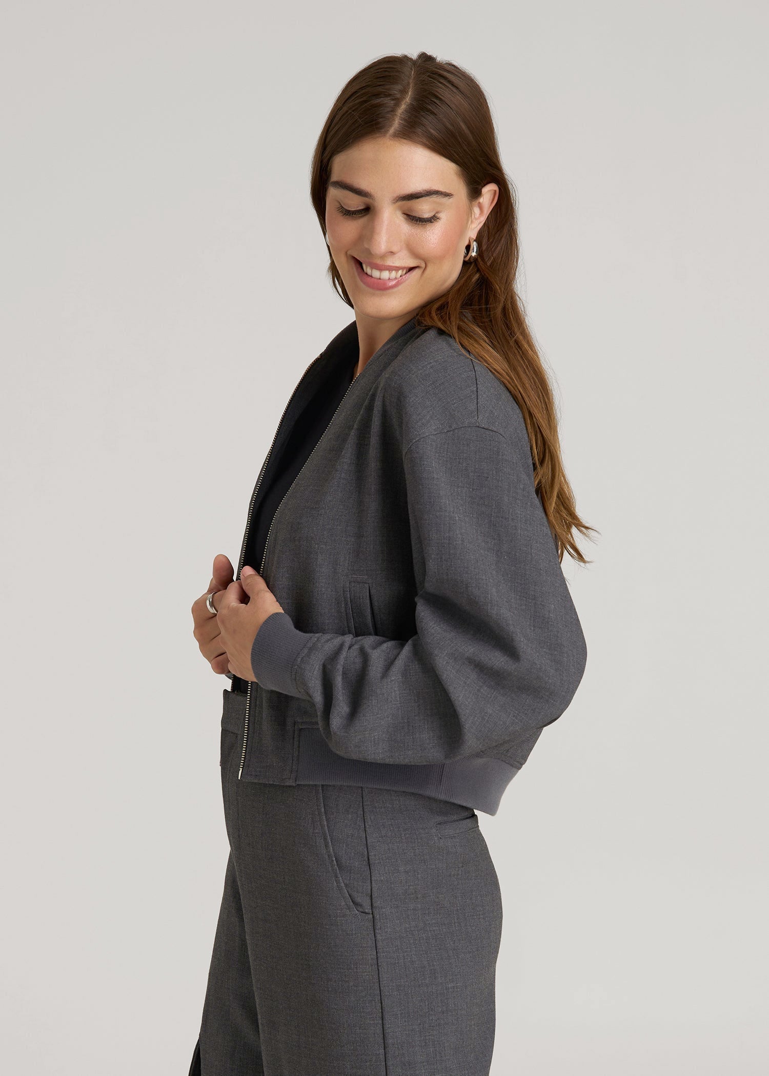 American Tall Outlet | Cropped Bomber Jacket for Tall Women in Graphic Charcoal