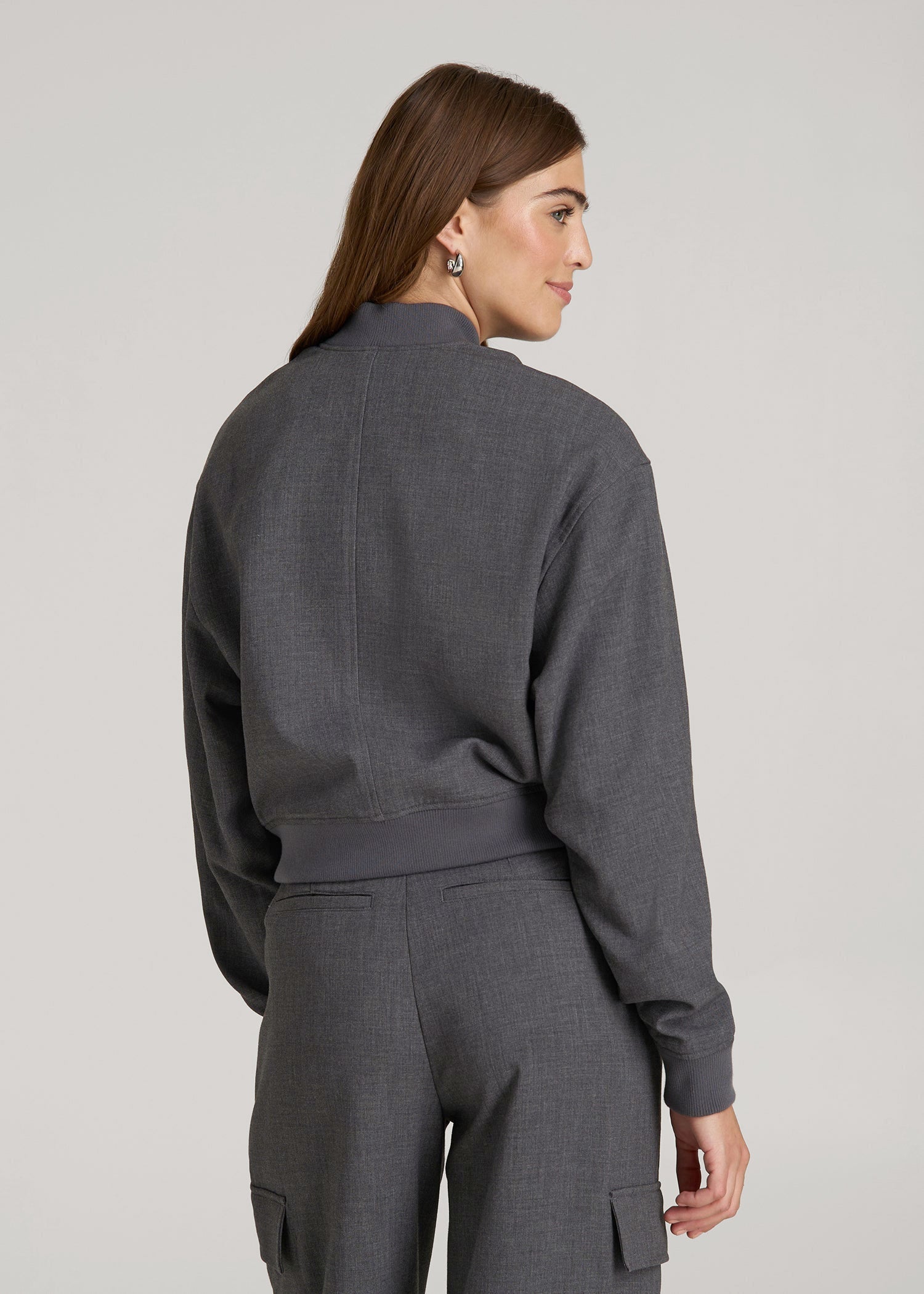 American Tall Outlet | Cropped Bomber Jacket for Tall Women in Graphic Charcoal