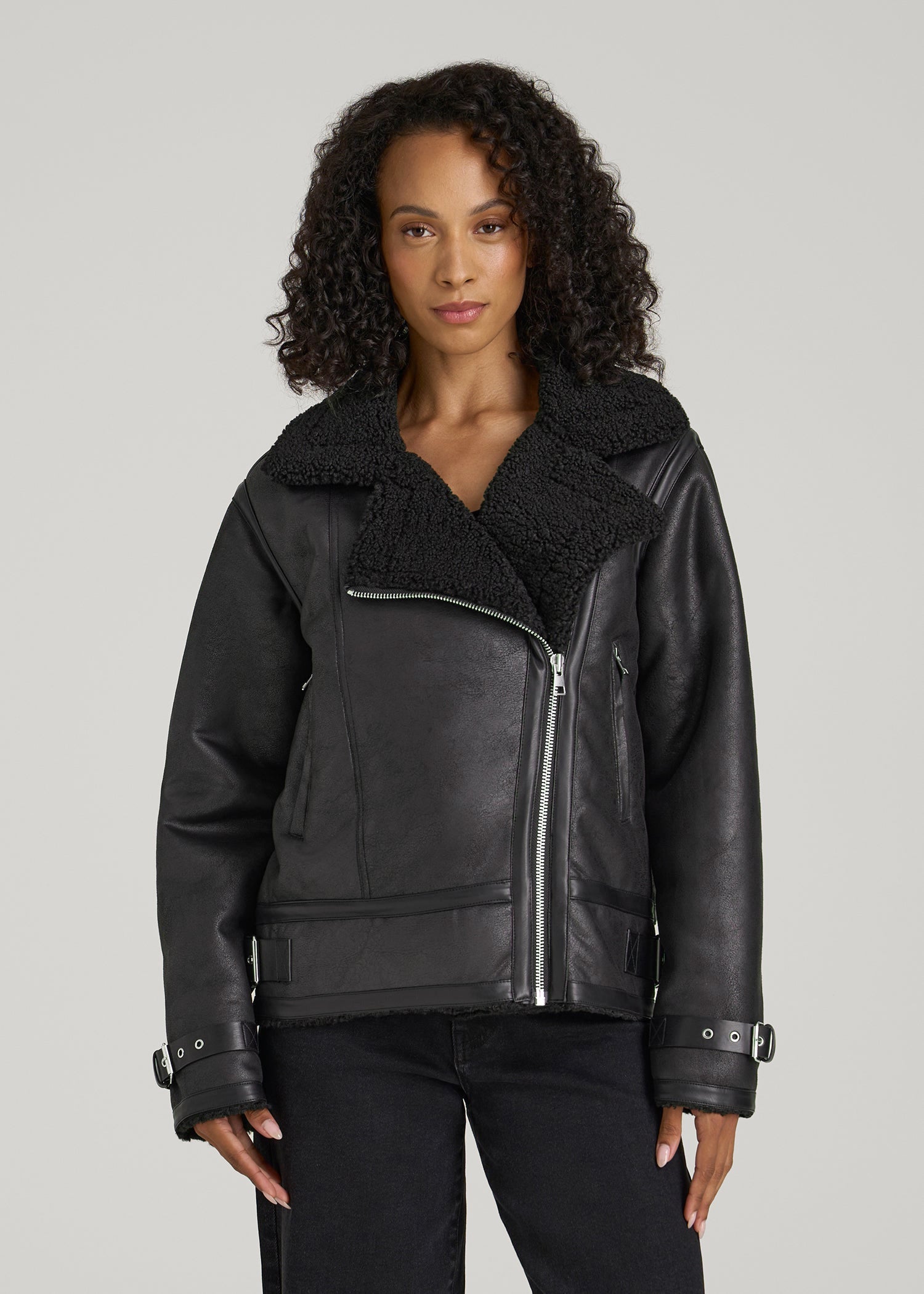American Tall For Sale | Shearling Moto Jacket for Tall Women in Black
