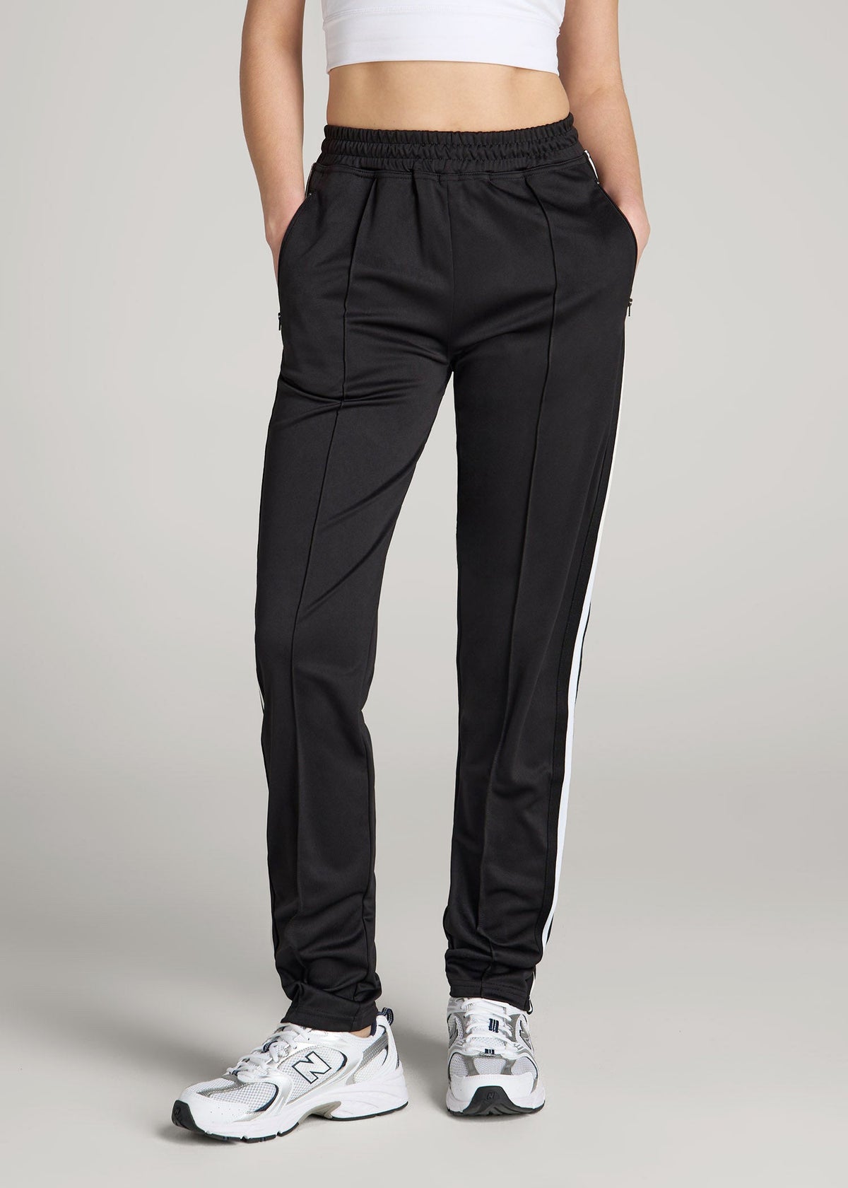 American Tall For Sale | Ultra Lightweight Tricot Athletic Stripe Pants for Tall Women in Black and White