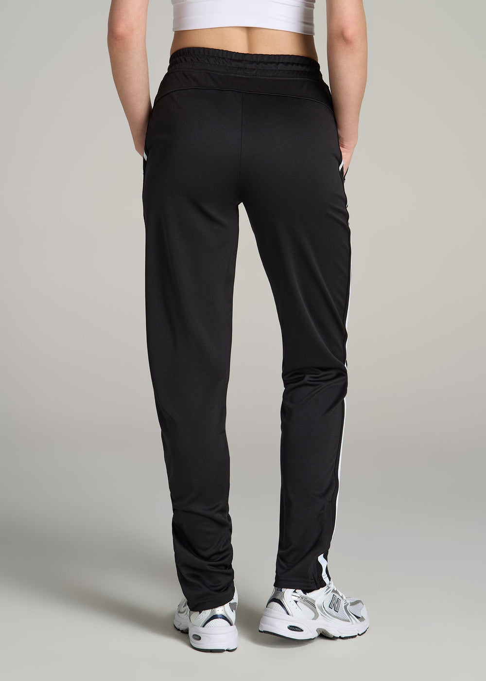 American Tall For Sale | Ultra Lightweight Tricot Athletic Stripe Pants for Tall Women in Black and White