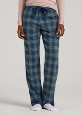 American Tall Online Shop | Tie Waist Flannel Pajama Pants for Tall Women in Navy and Balsam Green Plaid