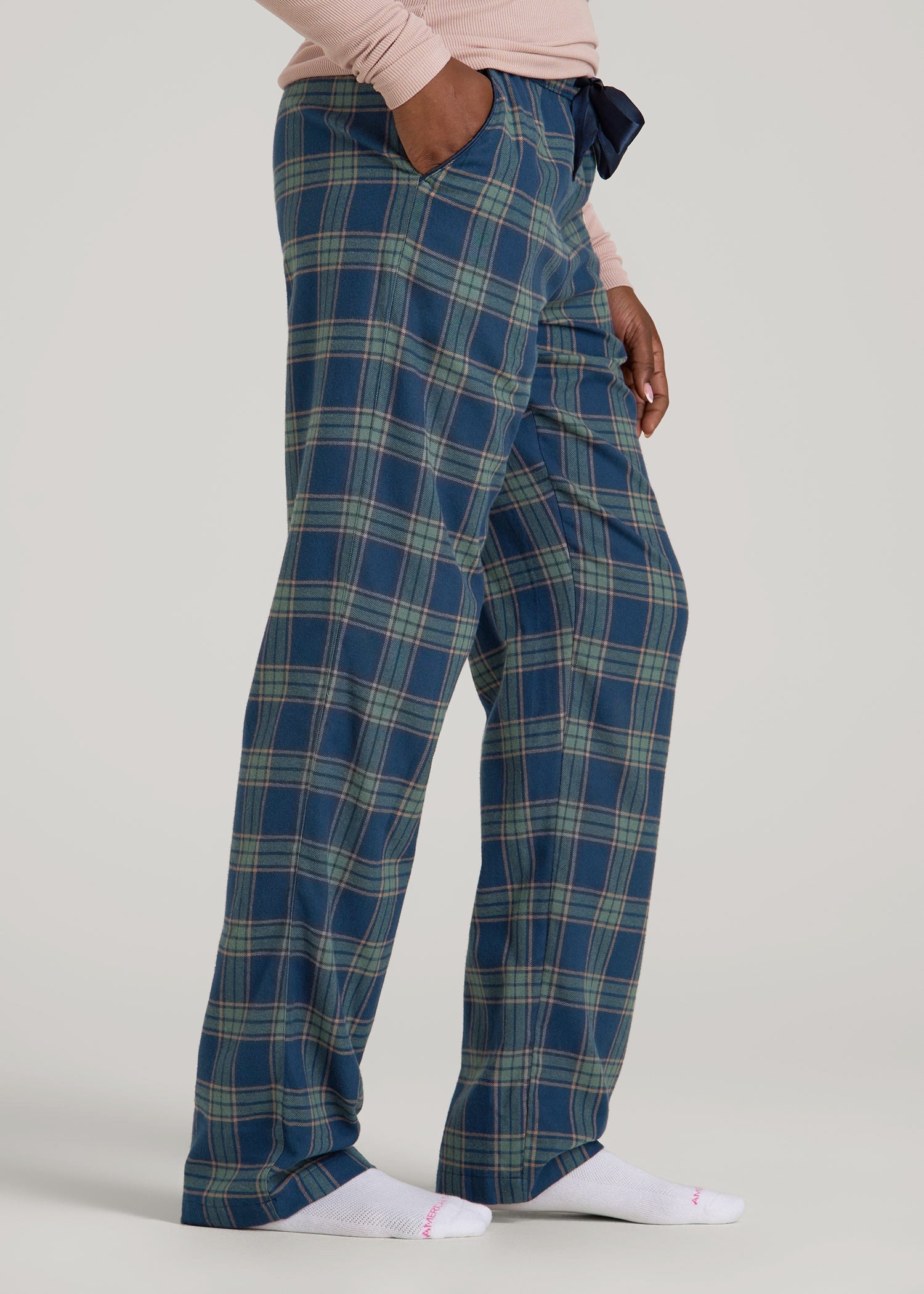 American Tall Online Shop | Tie Waist Flannel Pajama Pants for Tall Women in Navy and Balsam Green Plaid