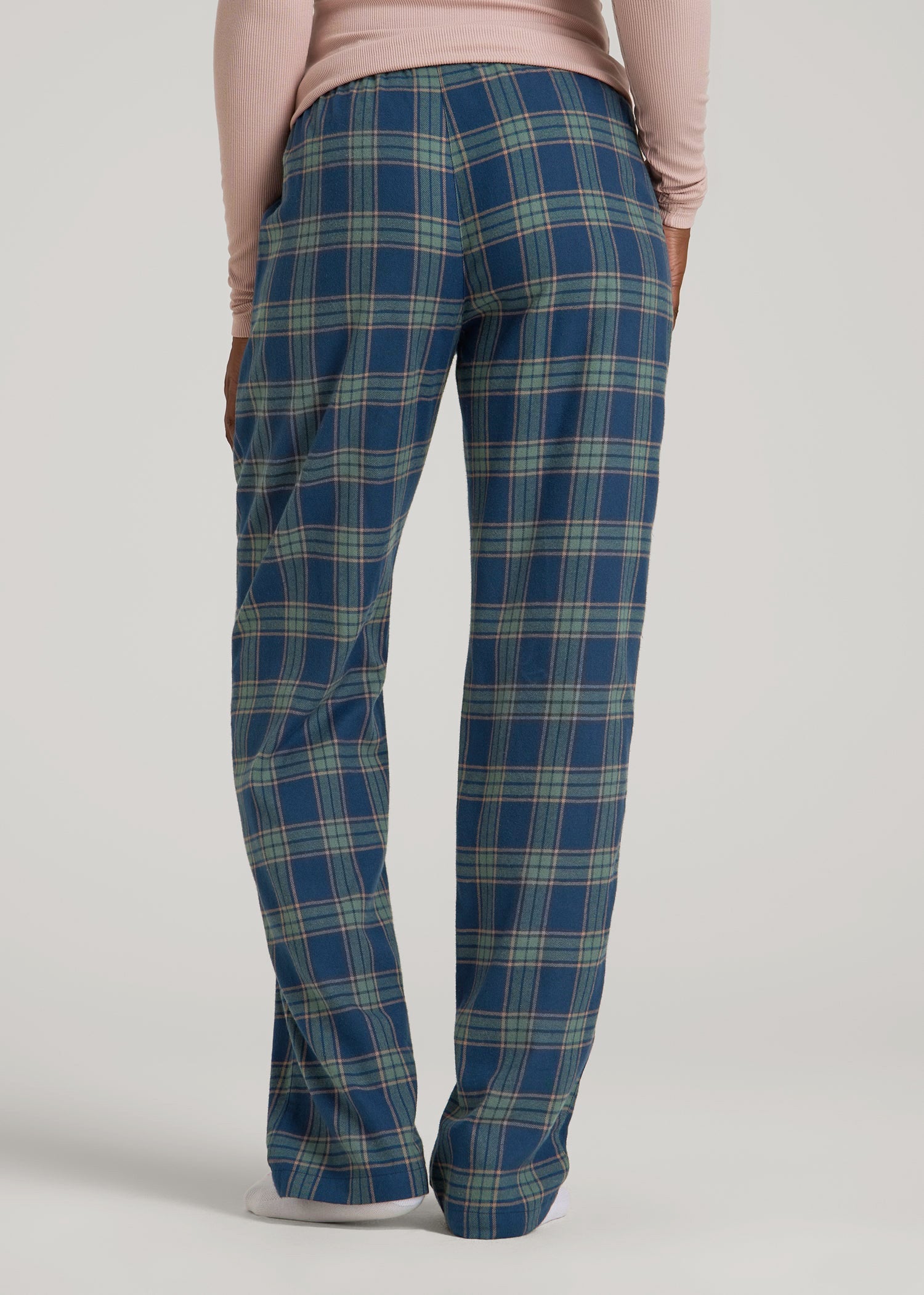 American Tall Online Shop | Tie Waist Flannel Pajama Pants for Tall Women in Navy and Balsam Green Plaid