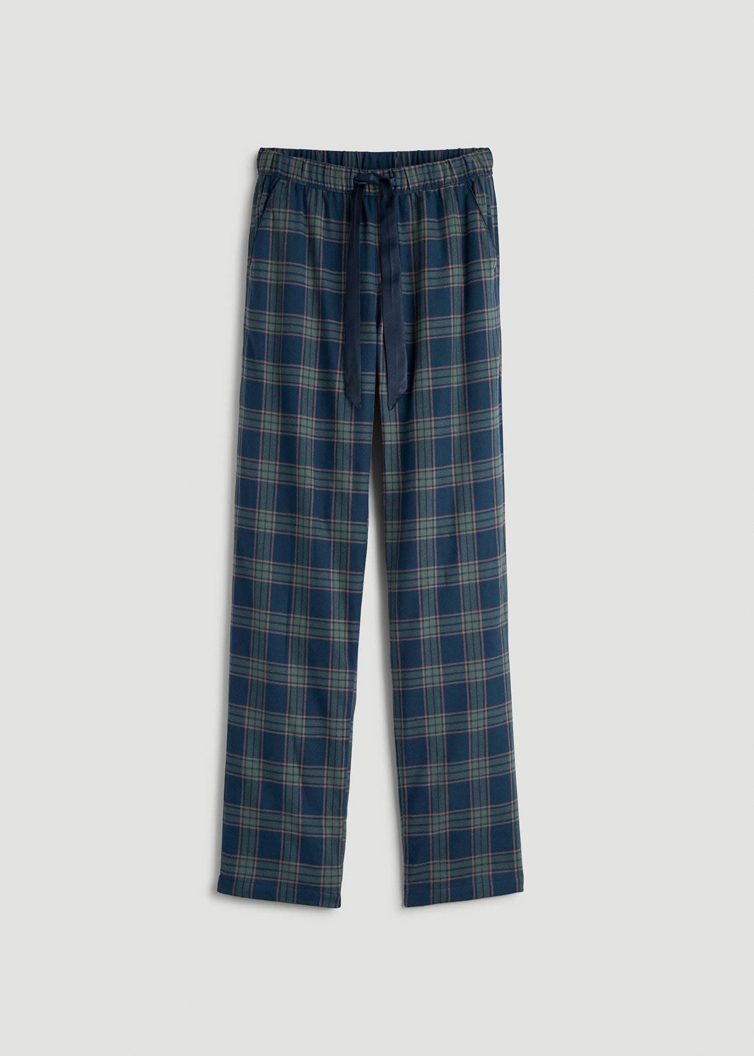 American Tall Online Shop | Tie Waist Flannel Pajama Pants for Tall Women in Navy and Balsam Green Plaid