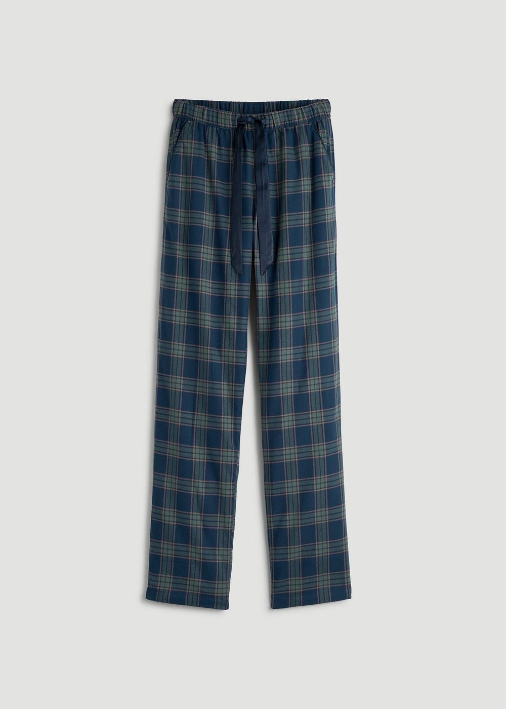 American Tall Online Shop | Tie Waist Flannel Pajama Pants for Tall Women in Navy and Balsam Green Plaid