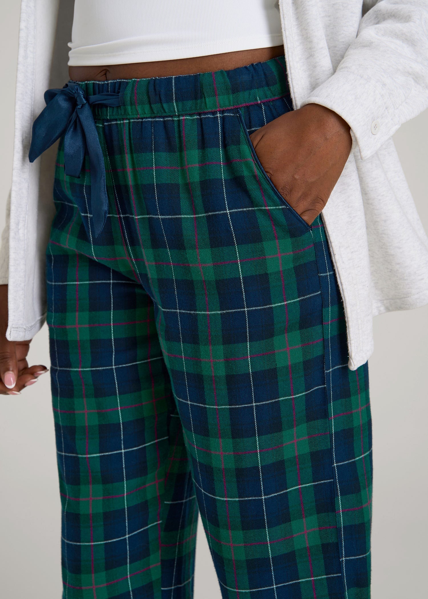 American Tall Discount | Tie Waist Flannel Pajama Pants for Tall Women in Green and Blue Plaid