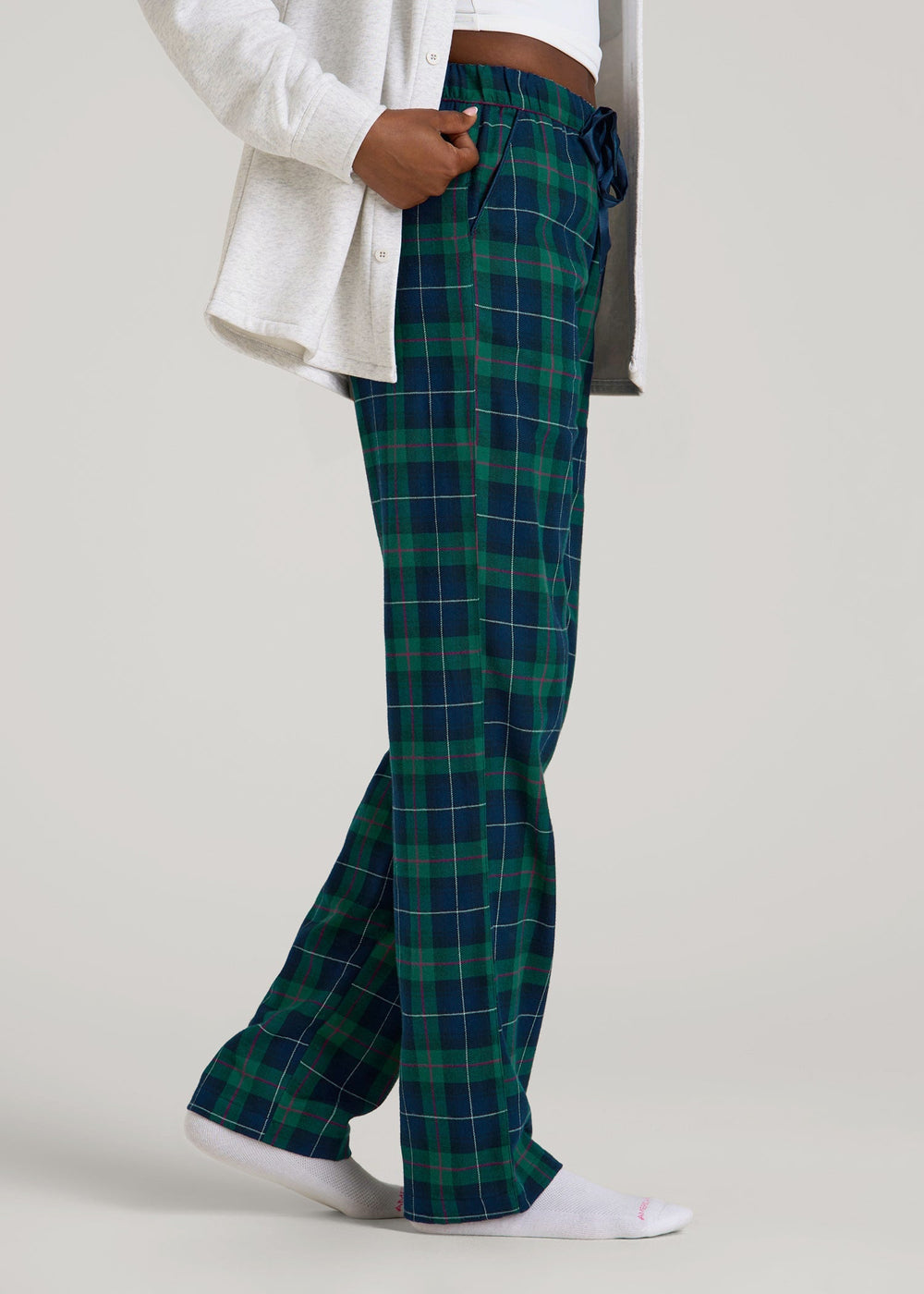 American Tall Discount | Tie Waist Flannel Pajama Pants for Tall Women in Green and Blue Plaid