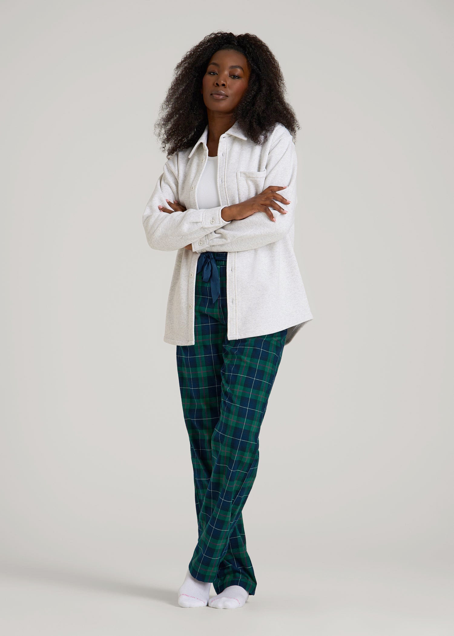 American Tall Discount | Tie Waist Flannel Pajama Pants for Tall Women in Green and Blue Plaid