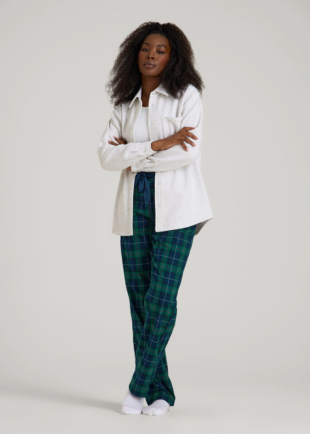 American Tall Discount | Tie Waist Flannel Pajama Pants for Tall Women in Green and Blue Plaid
