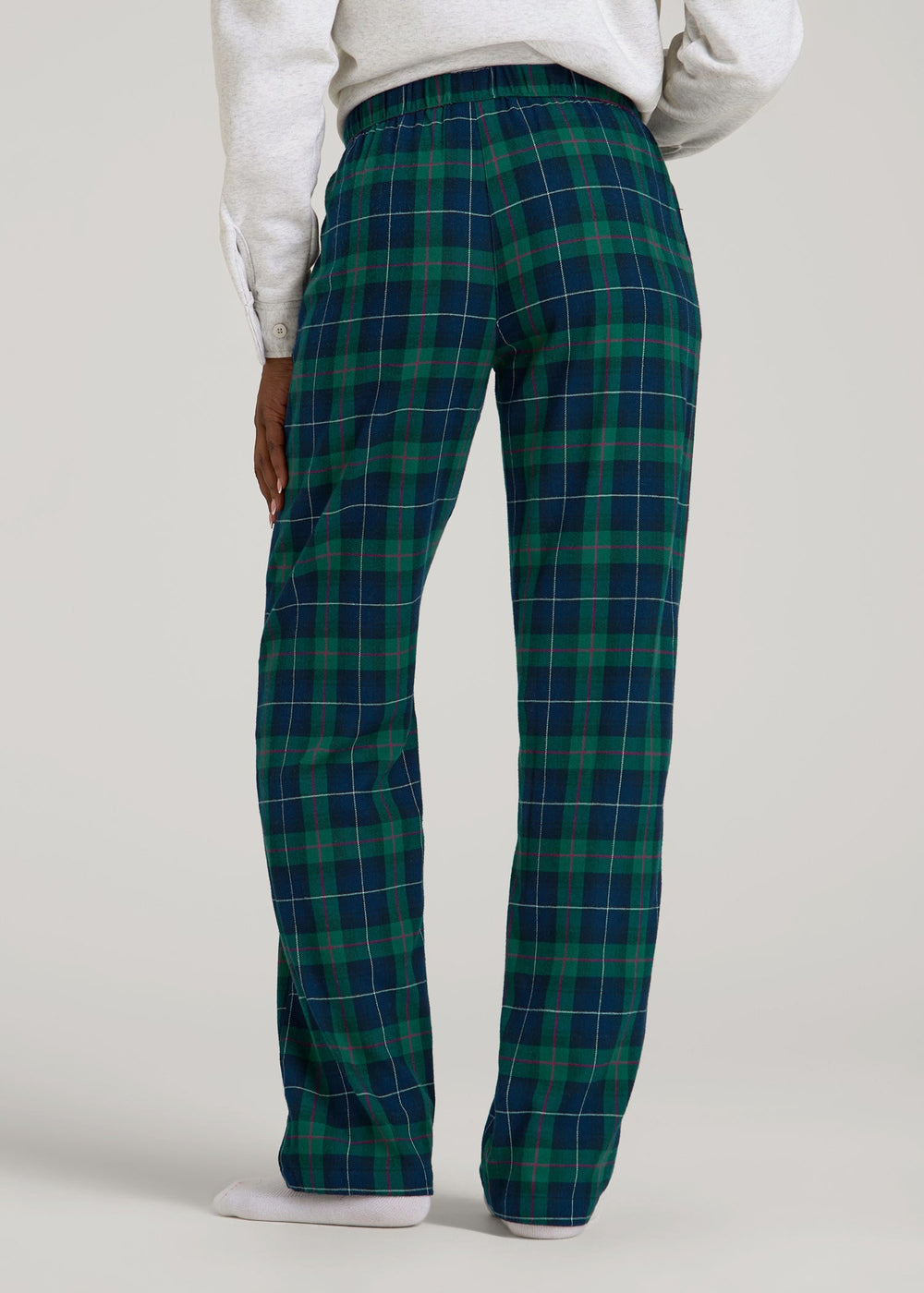 American Tall Discount | Tie Waist Flannel Pajama Pants for Tall Women in Green and Blue Plaid