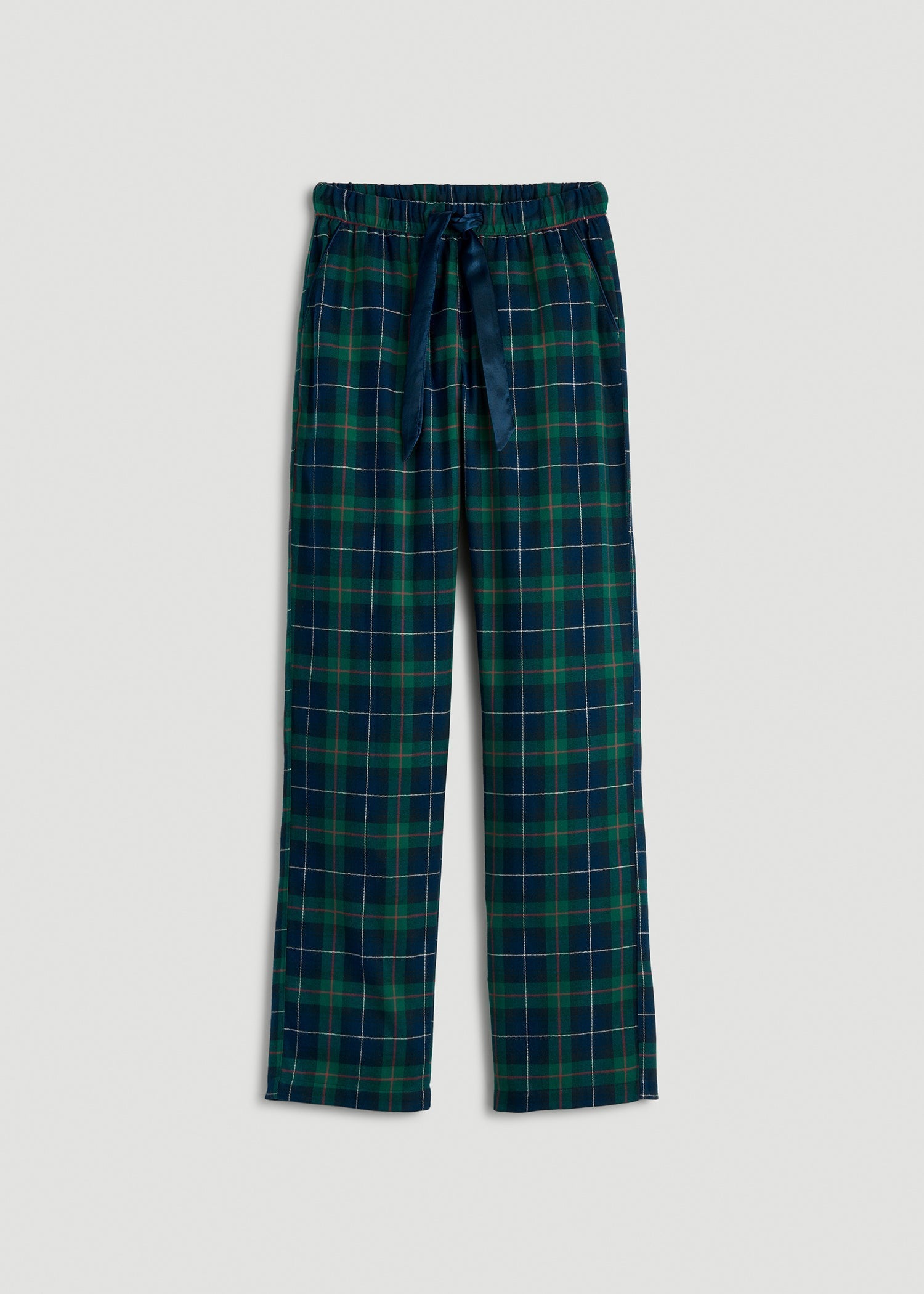 American Tall Discount | Tie Waist Flannel Pajama Pants for Tall Women in Green and Blue Plaid