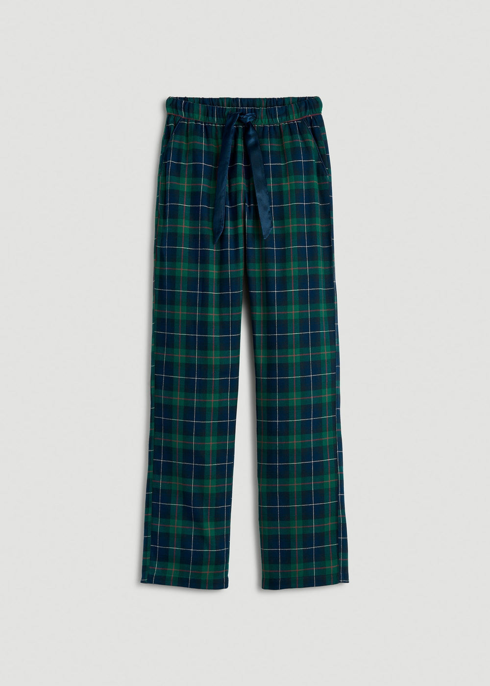 American Tall Discount | Tie Waist Flannel Pajama Pants for Tall Women in Green and Blue Plaid