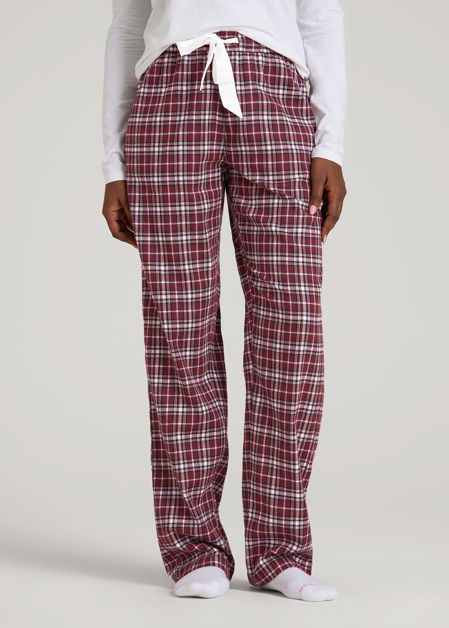 American Tall Online | Tie Waist Flannel Pajama Pants for Tall Women in Wine and Grey Lilac Plaid