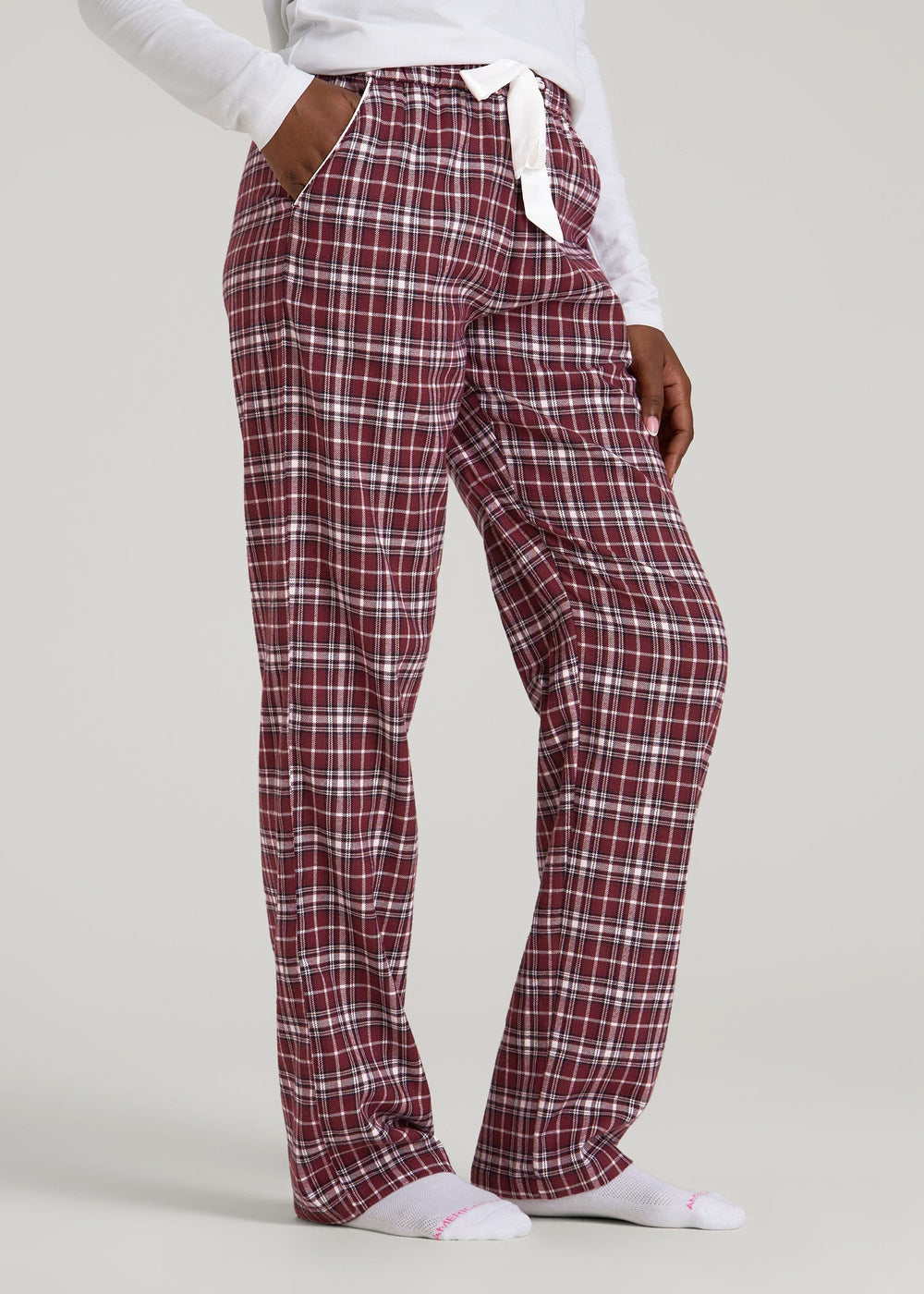 American Tall Online | Tie Waist Flannel Pajama Pants for Tall Women in Wine and Grey Lilac Plaid