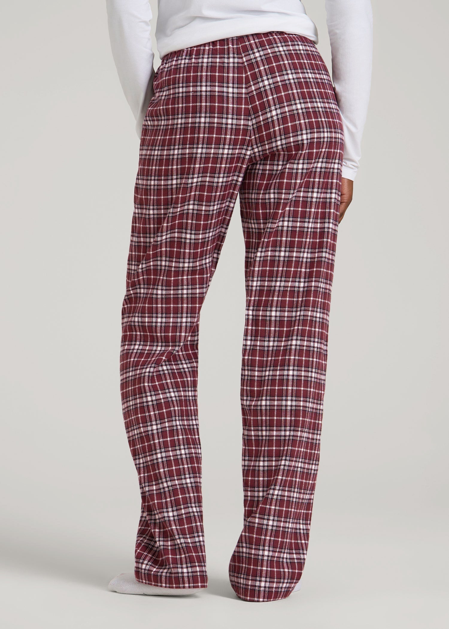 American Tall Online | Tie Waist Flannel Pajama Pants for Tall Women in Wine and Grey Lilac Plaid