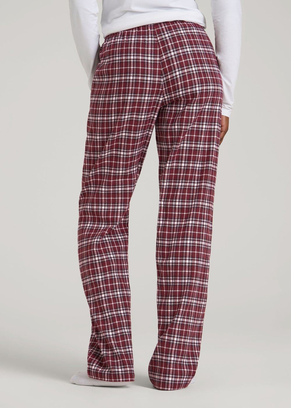 American Tall Online | Tie Waist Flannel Pajama Pants for Tall Women in Wine and Grey Lilac Plaid