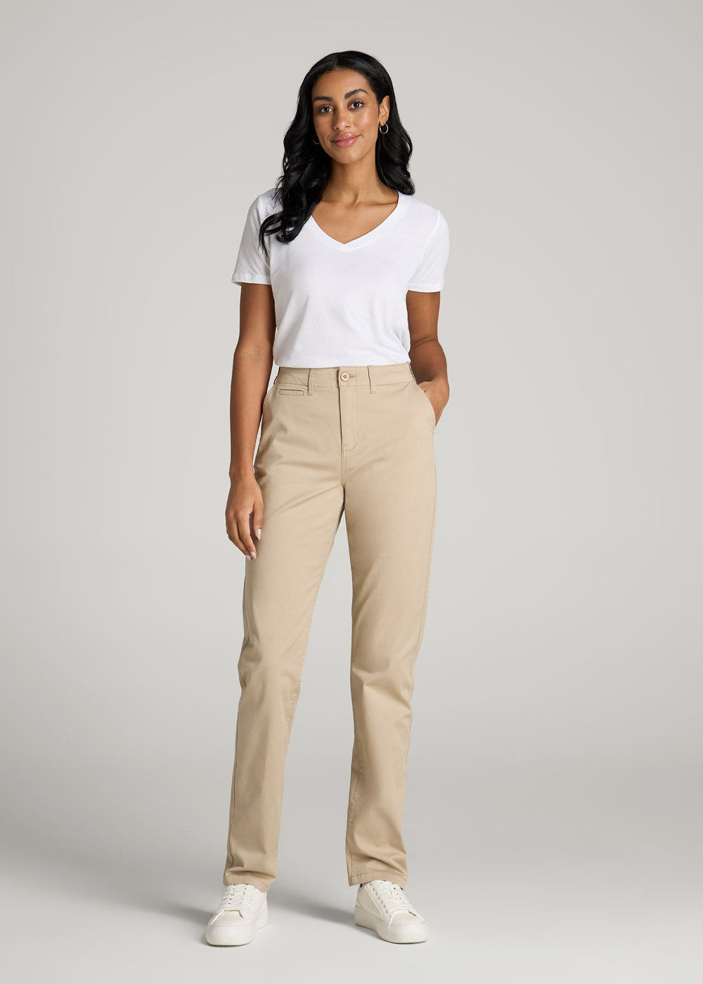 American Tall Sale | High Rise Tapered Chino Pants for Tall Women in Light Khaki