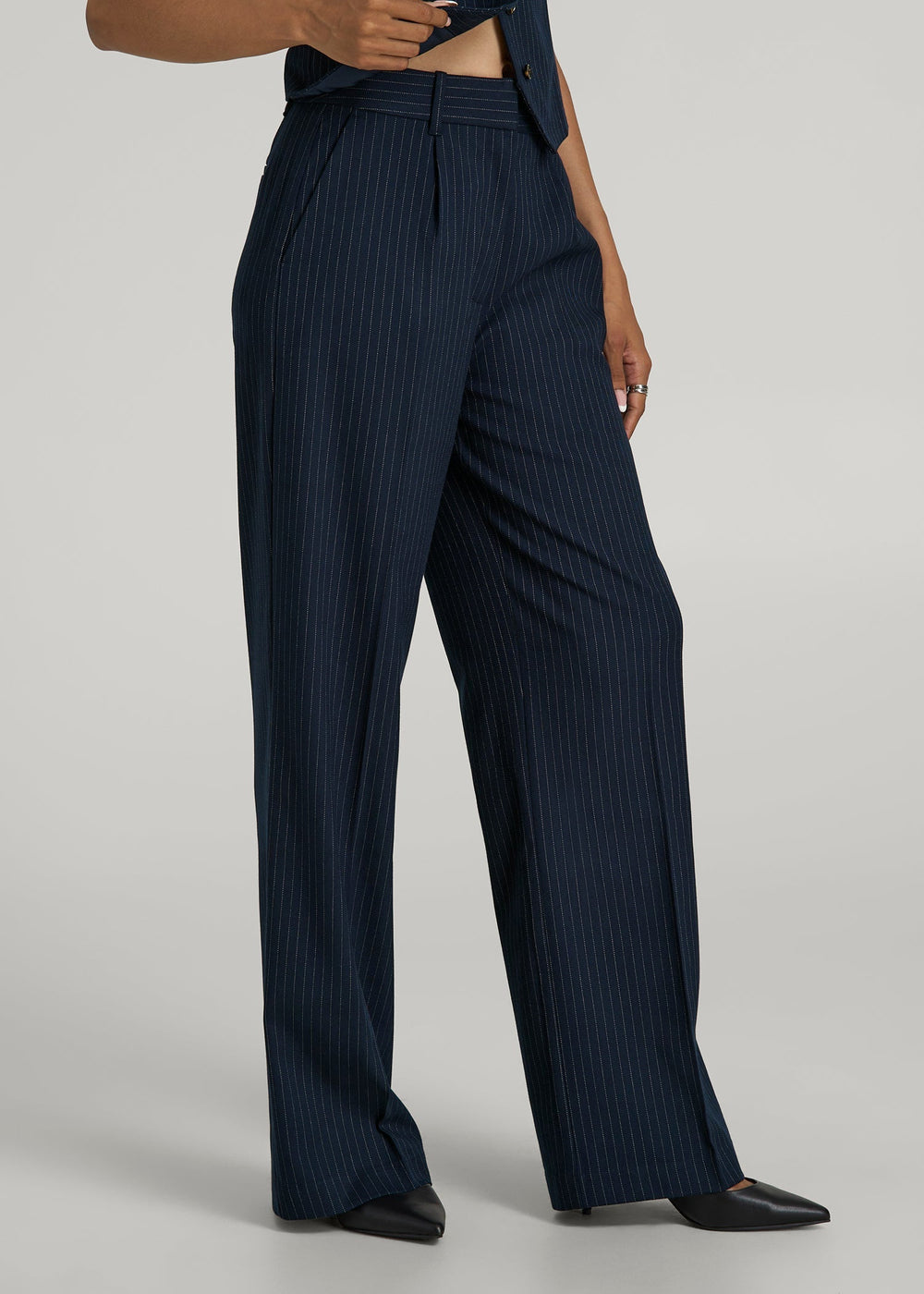 American Tall Online | High-Rise Wide-Leg Pleated Dress Pants for Tall Women in Navy Pinstripe