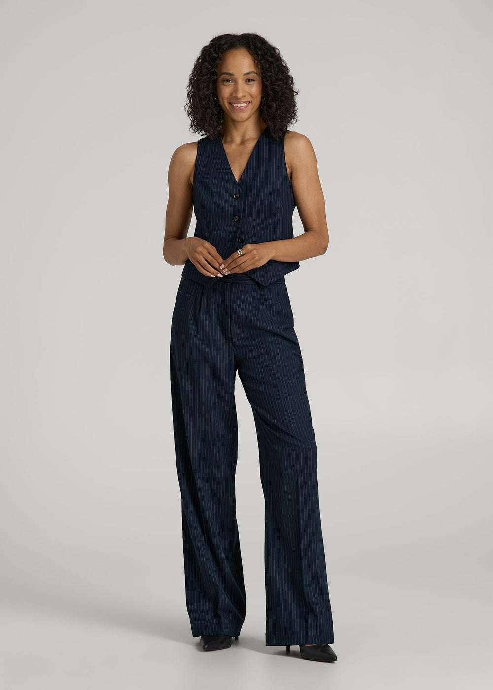 American Tall Online | High-Rise Wide-Leg Pleated Dress Pants for Tall Women in Navy Pinstripe