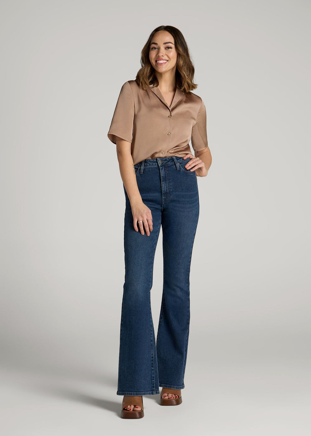 American Tall Outlet | Chloe High Rise Flare Jeans for Tall Women in Faded Dark Indigo