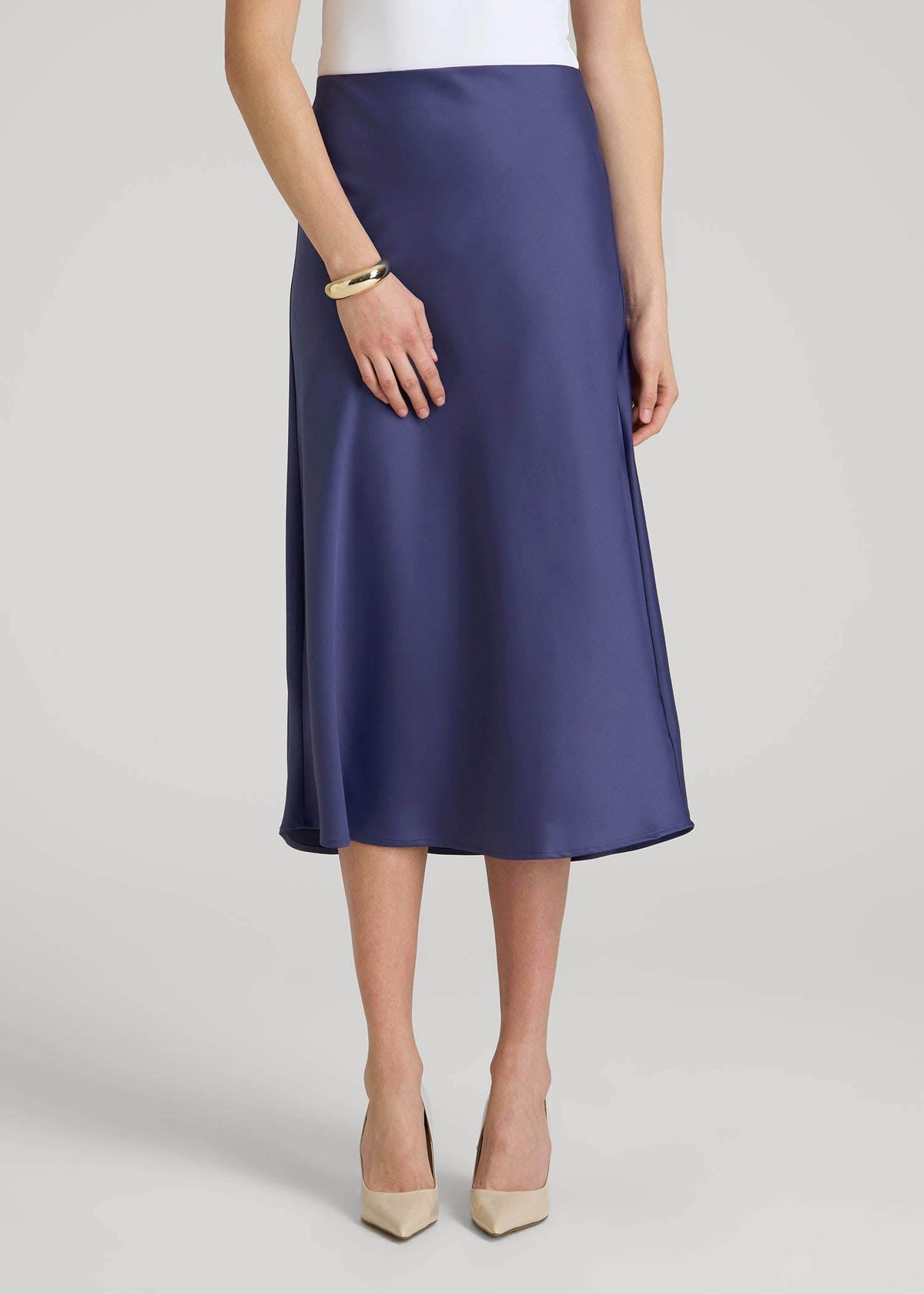 American Tall Sale | Pull On Satin Midi Skirt for Tall Women in Future Dusk