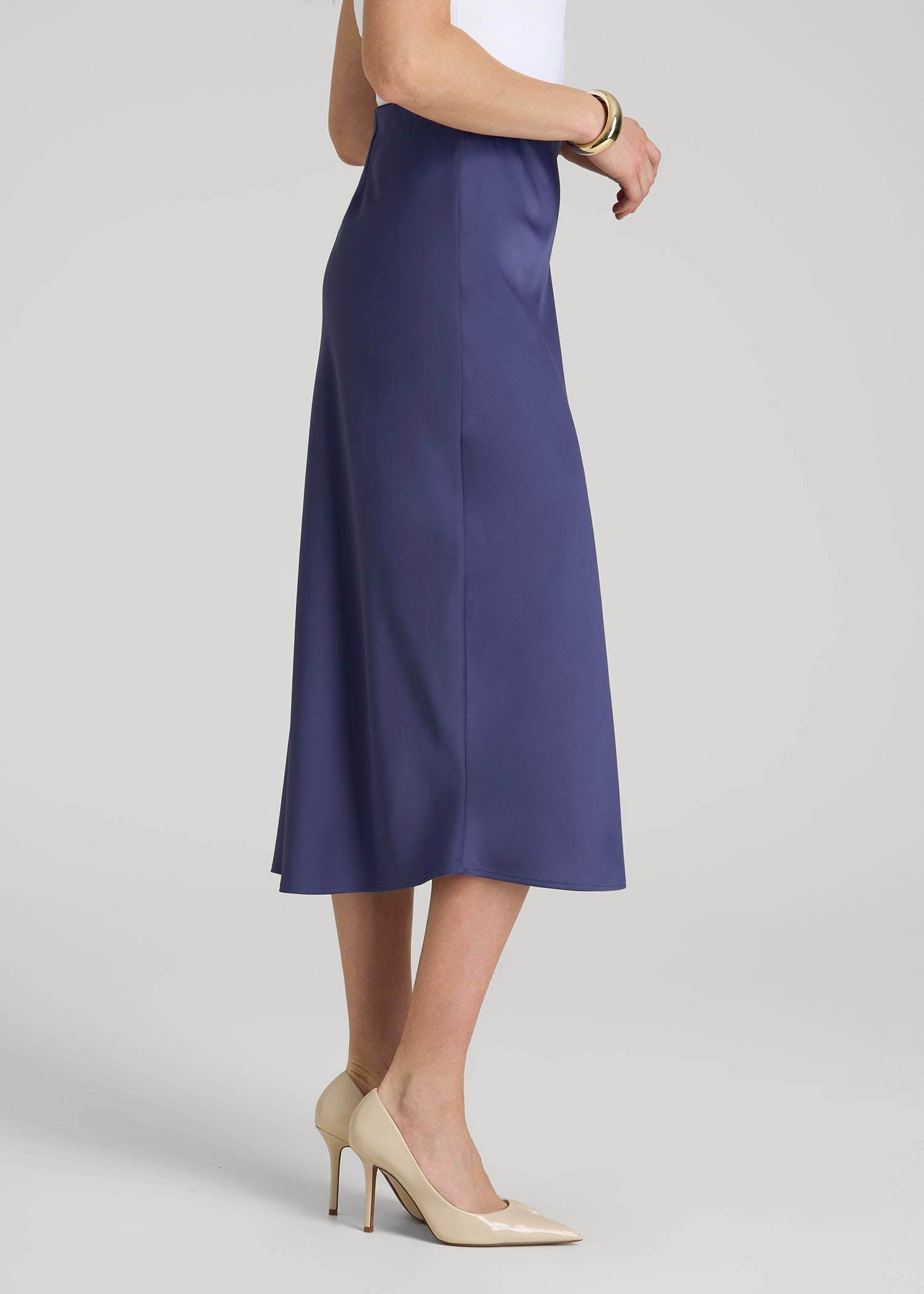 American Tall Sale | Pull On Satin Midi Skirt for Tall Women in Future Dusk