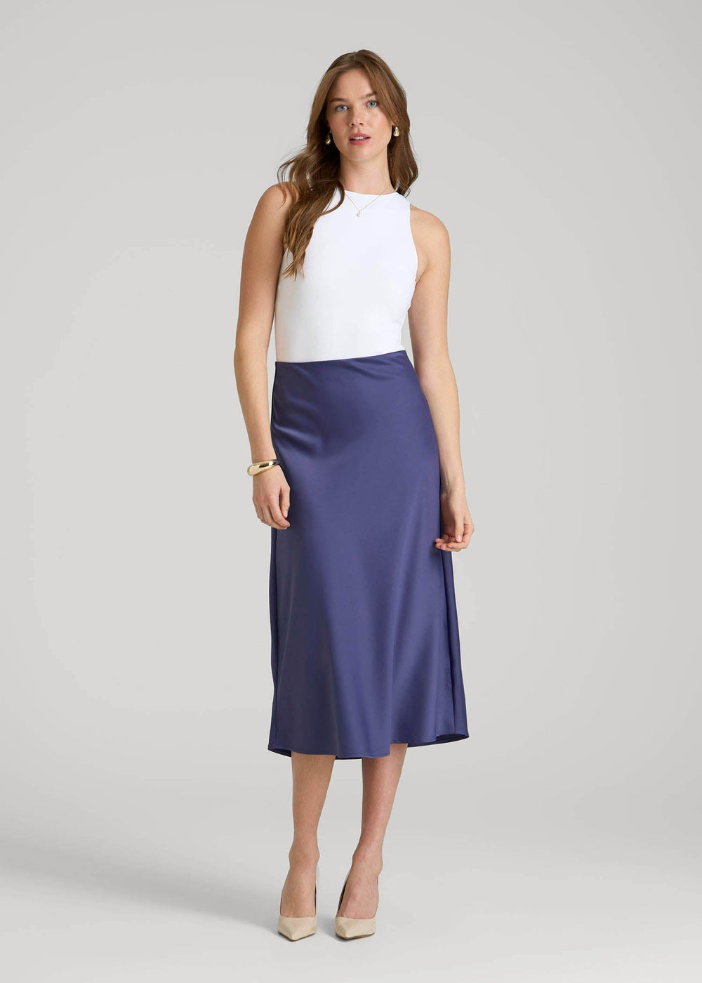 American Tall Sale | Pull On Satin Midi Skirt for Tall Women in Future Dusk