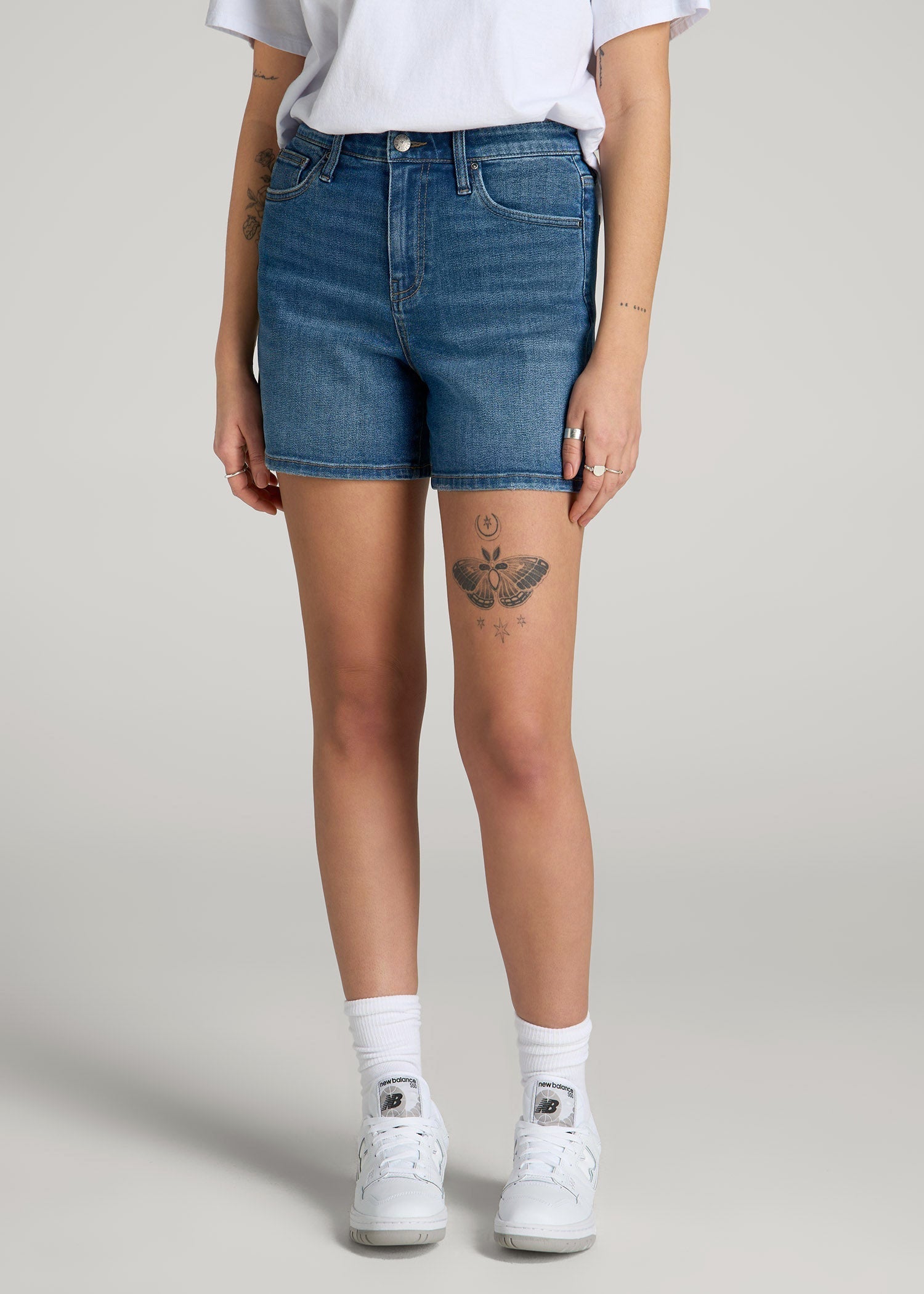 American Tall Outlet | High Rise Denim Shorts for Tall Women in Classic Mid Blue