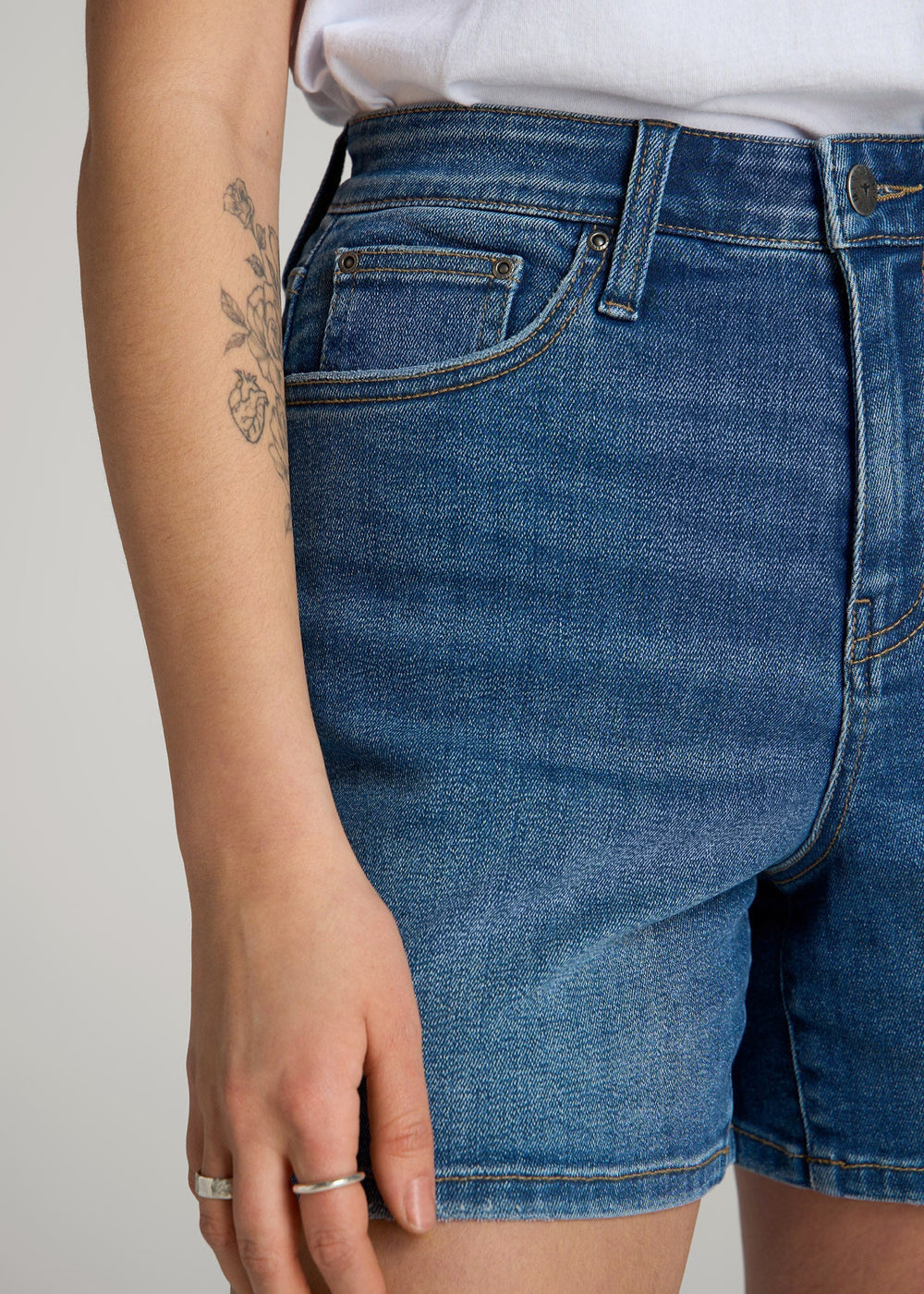 American Tall Outlet | High Rise Denim Shorts for Tall Women in Classic Mid Blue