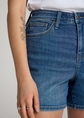 American Tall Outlet | High Rise Denim Shorts for Tall Women in Classic Mid Blue