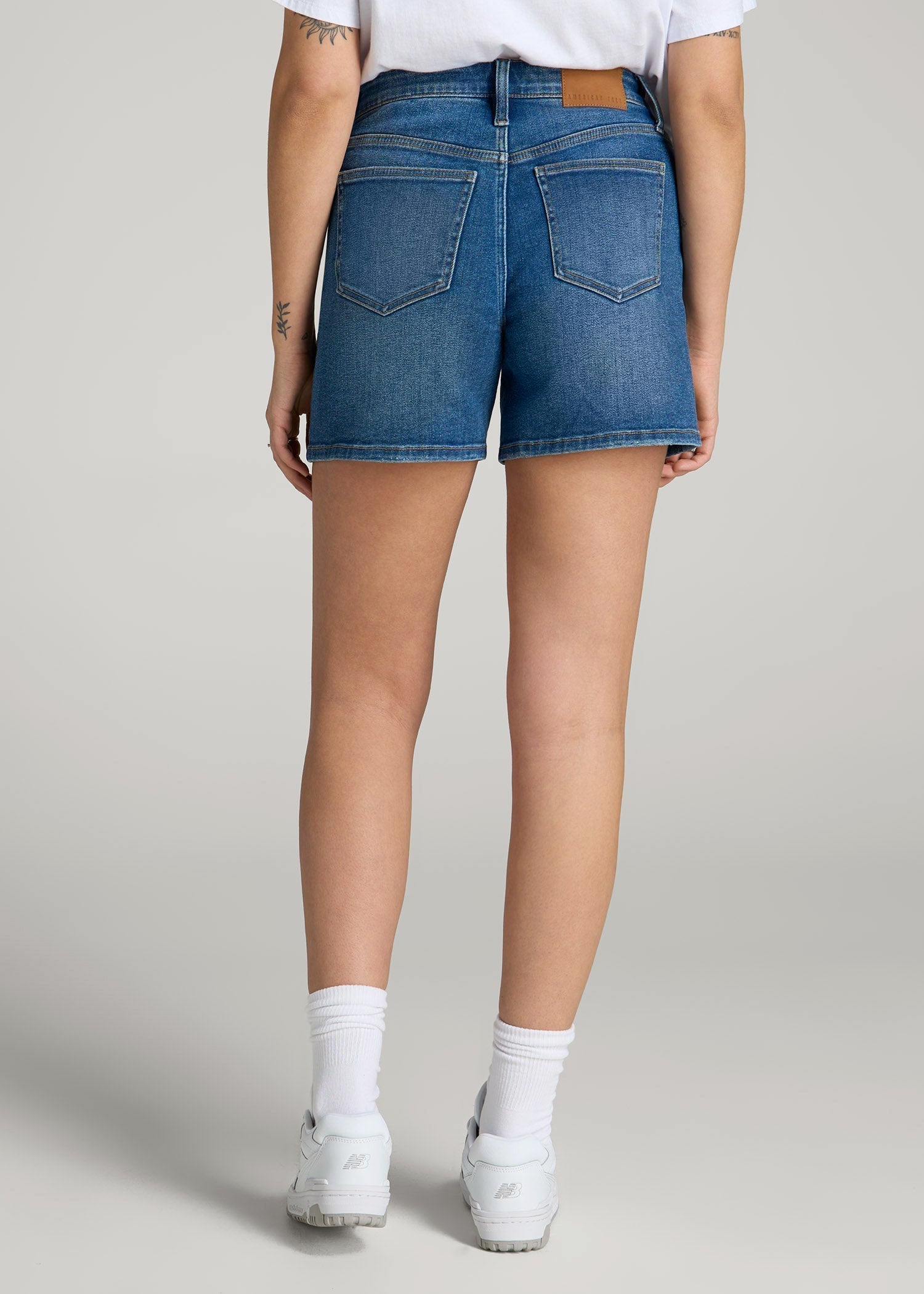 American Tall Outlet | High Rise Denim Shorts for Tall Women in Classic Mid Blue