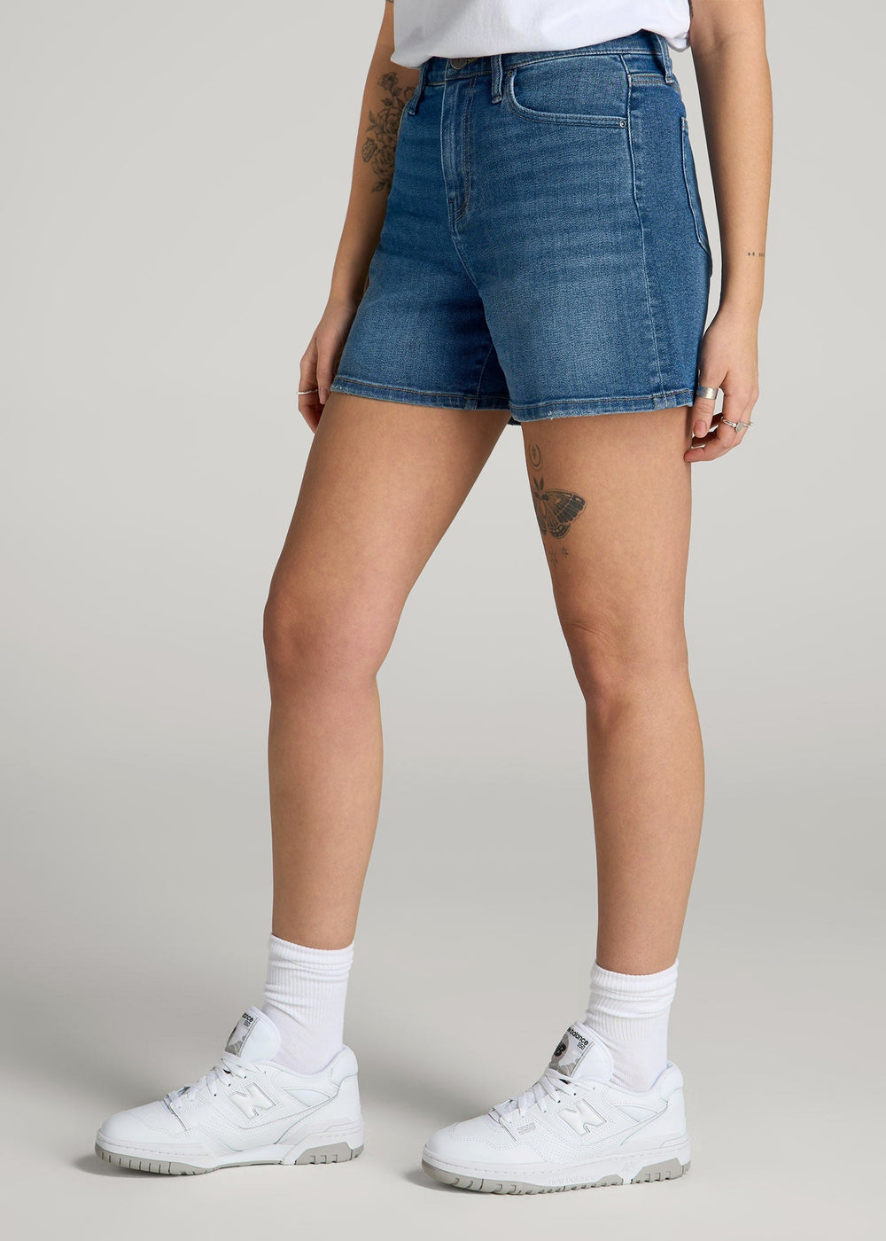 American Tall Outlet | High Rise Denim Shorts for Tall Women in Classic Mid Blue