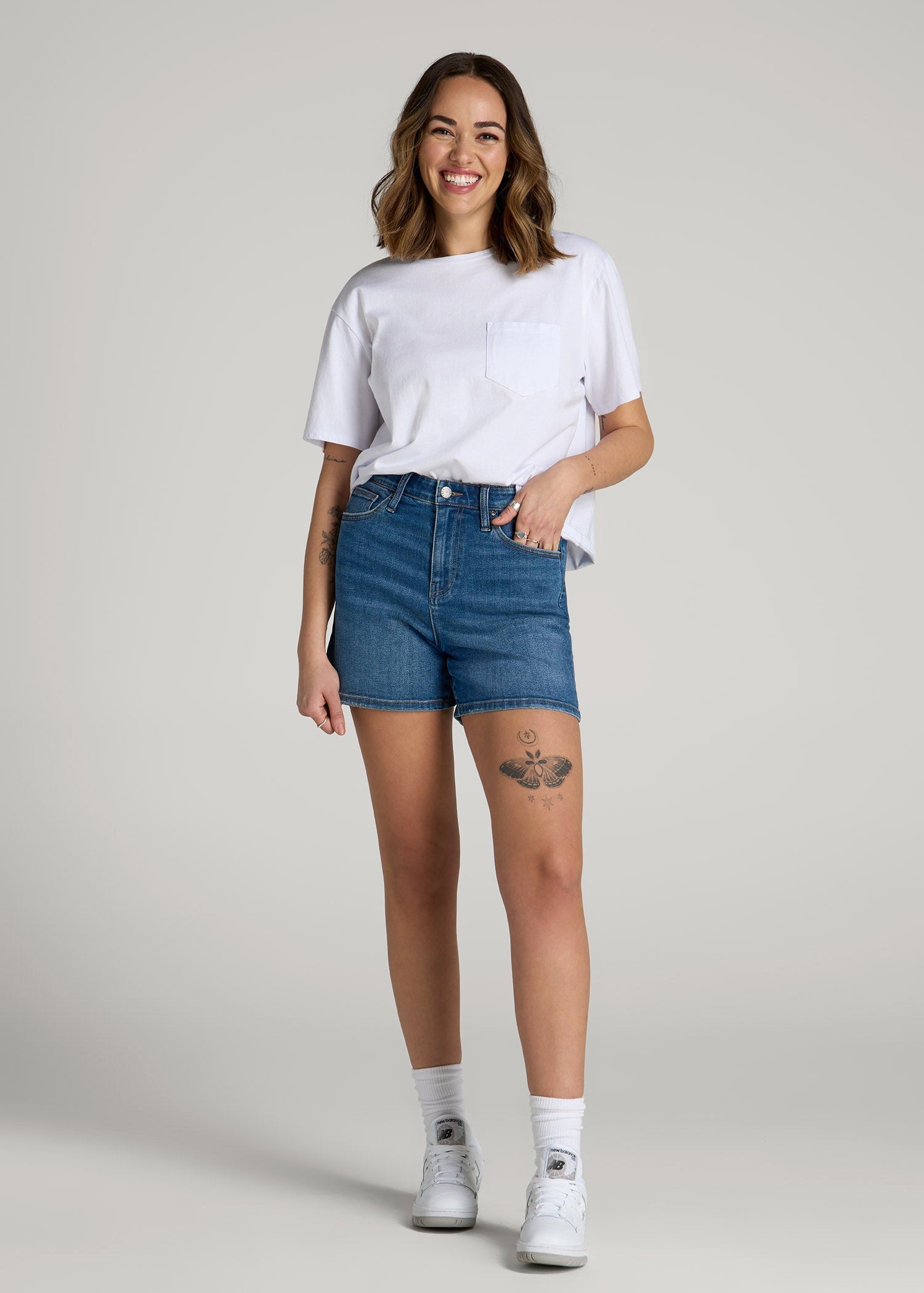 American Tall Outlet | High Rise Denim Shorts for Tall Women in Classic Mid Blue