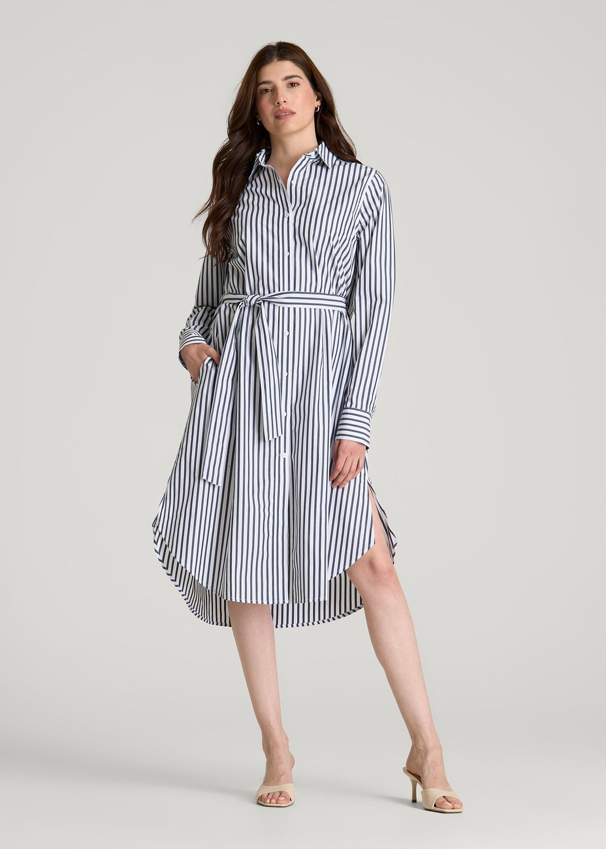 American Tall Outlet | Relaxed Poplin Shirtdress for Tall Women in White and Navy Stripe