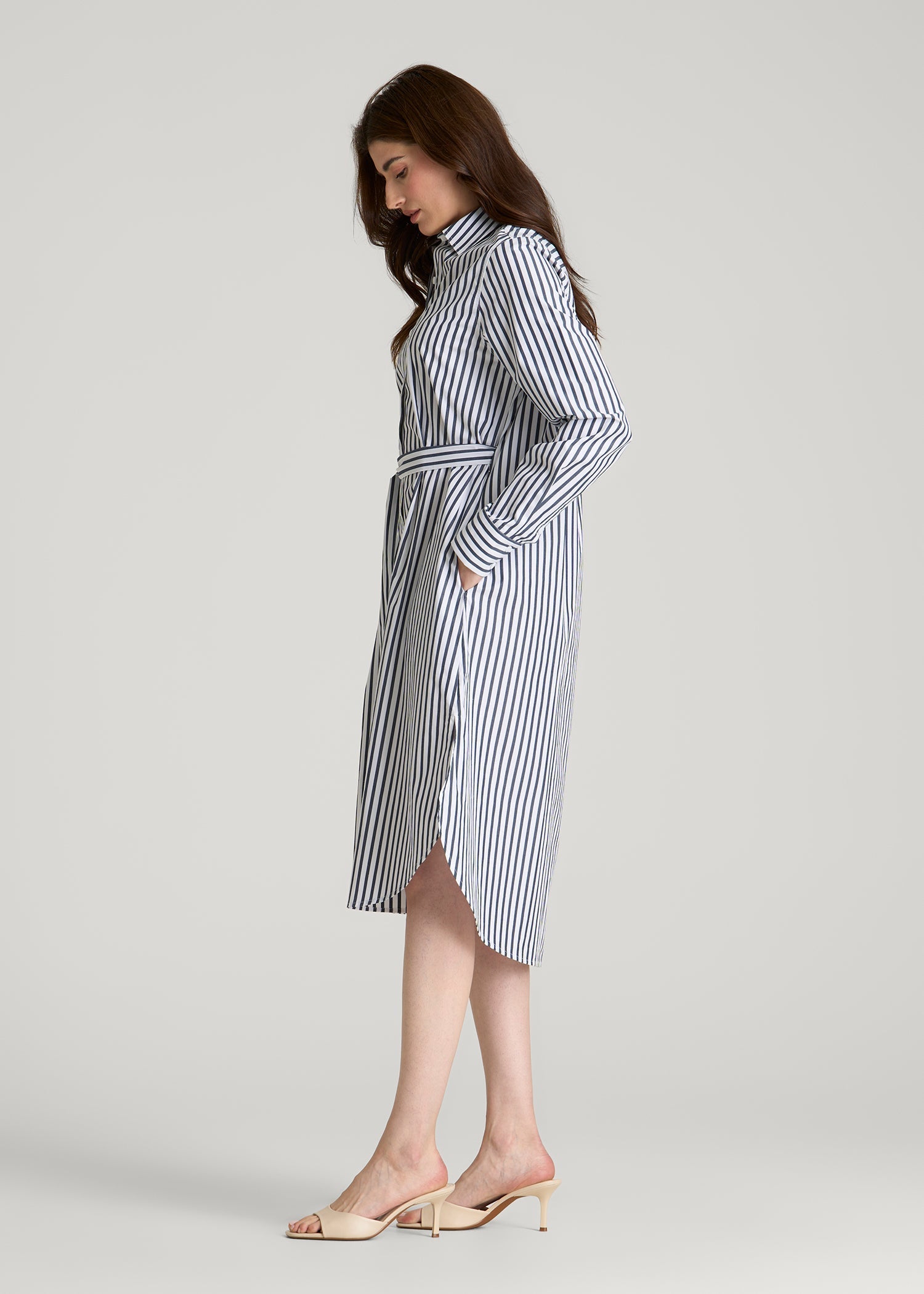 American Tall Outlet | Relaxed Poplin Shirtdress for Tall Women in White and Navy Stripe