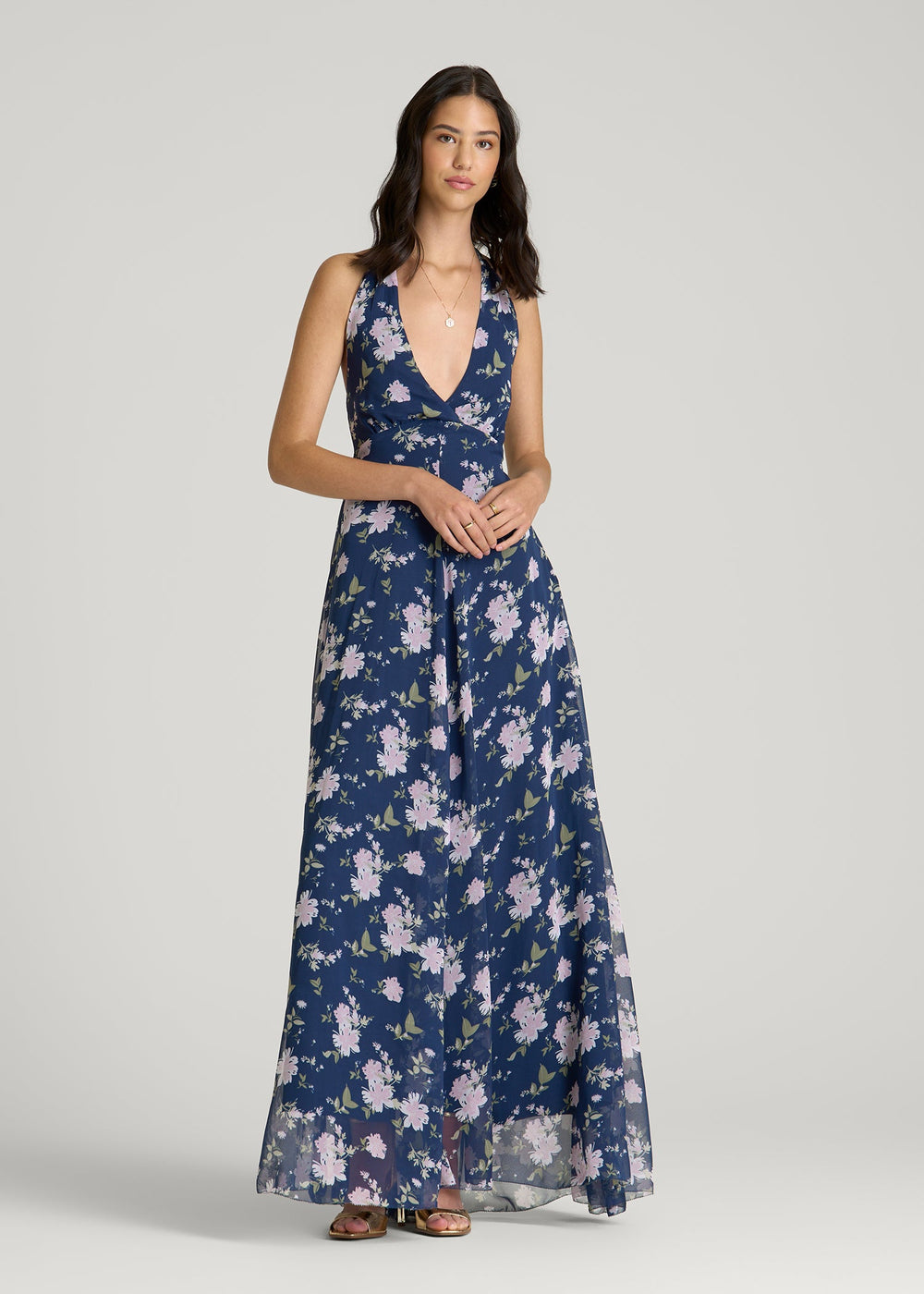 American Tall For Sale | Chiffon Maxi Halter Garden Dress for Tall Women in Dark Navy Floral