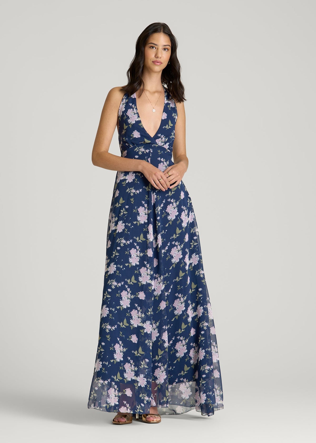 American Tall For Sale | Chiffon Maxi Halter Garden Dress for Tall Women in Dark Navy Floral