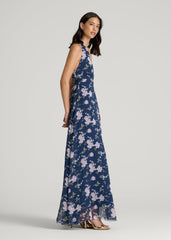 American Tall For Sale | Chiffon Maxi Halter Garden Dress for Tall Women in Dark Navy Floral