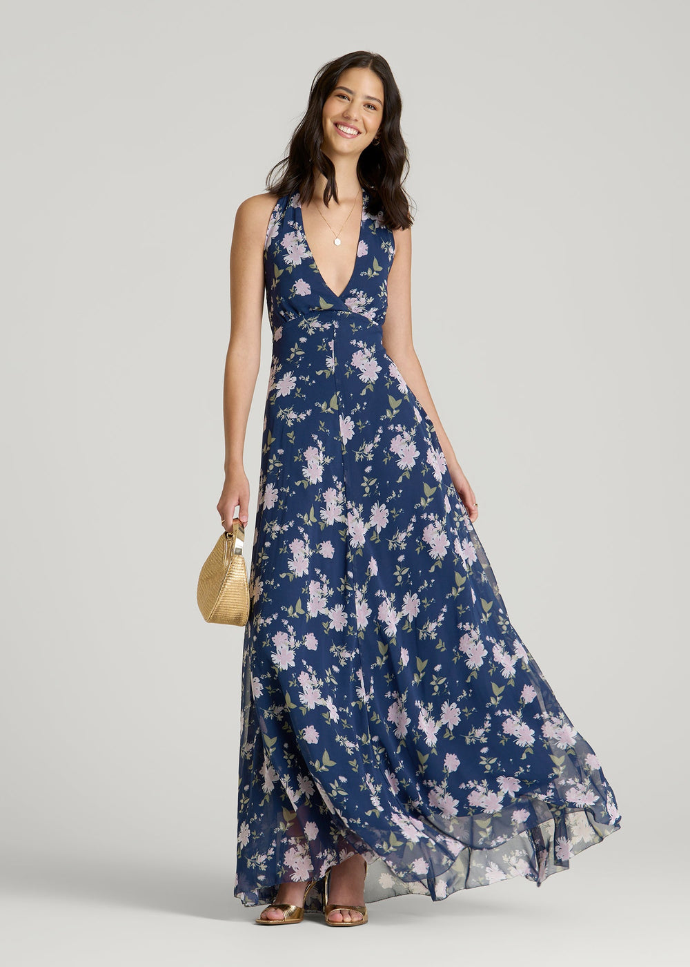 American Tall For Sale | Chiffon Maxi Halter Garden Dress for Tall Women in Dark Navy Floral