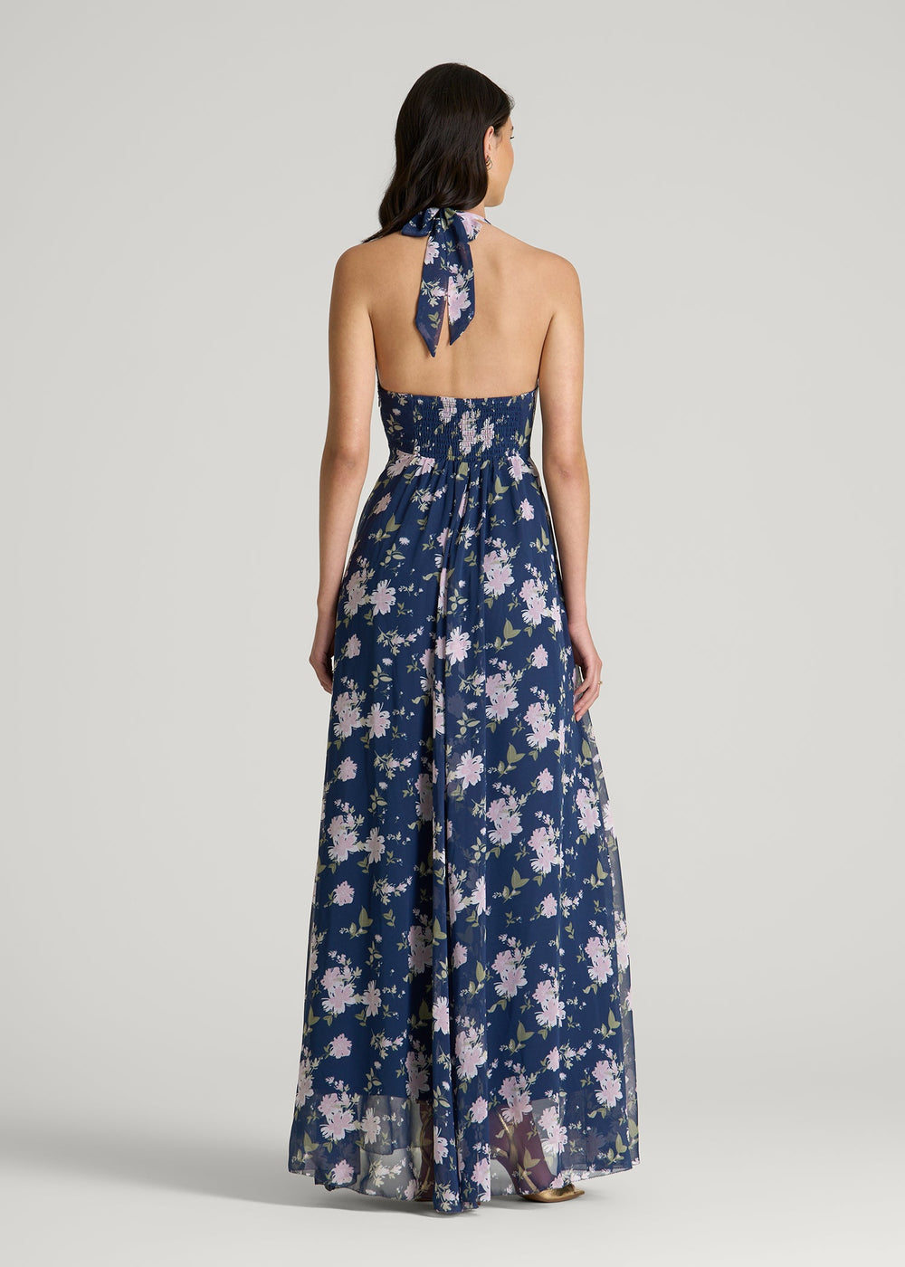 American Tall For Sale | Chiffon Maxi Halter Garden Dress for Tall Women in Dark Navy Floral