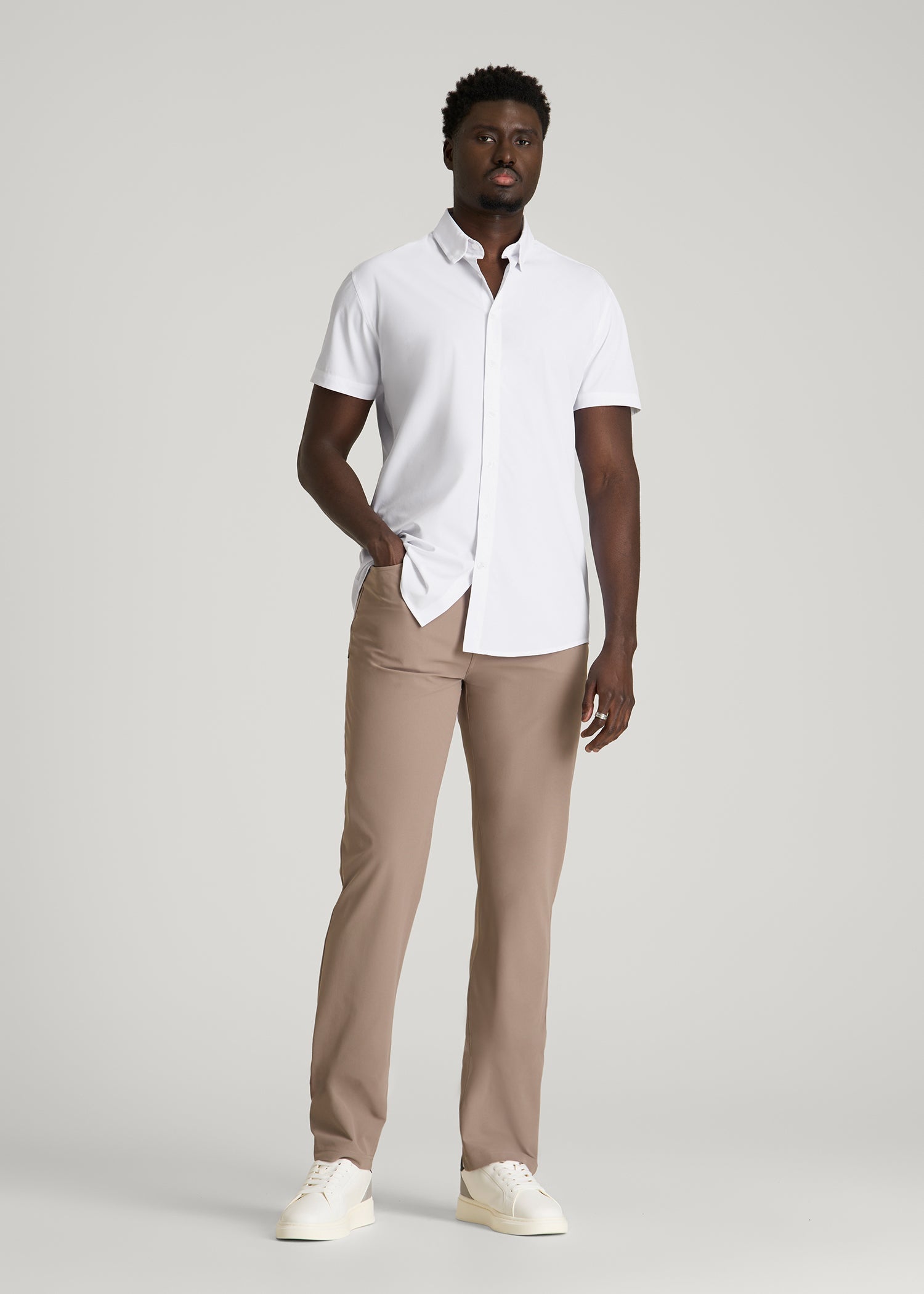 American Tall Sale | Short Sleeve Traveler Stretch Button Shirt for Tall Men in White