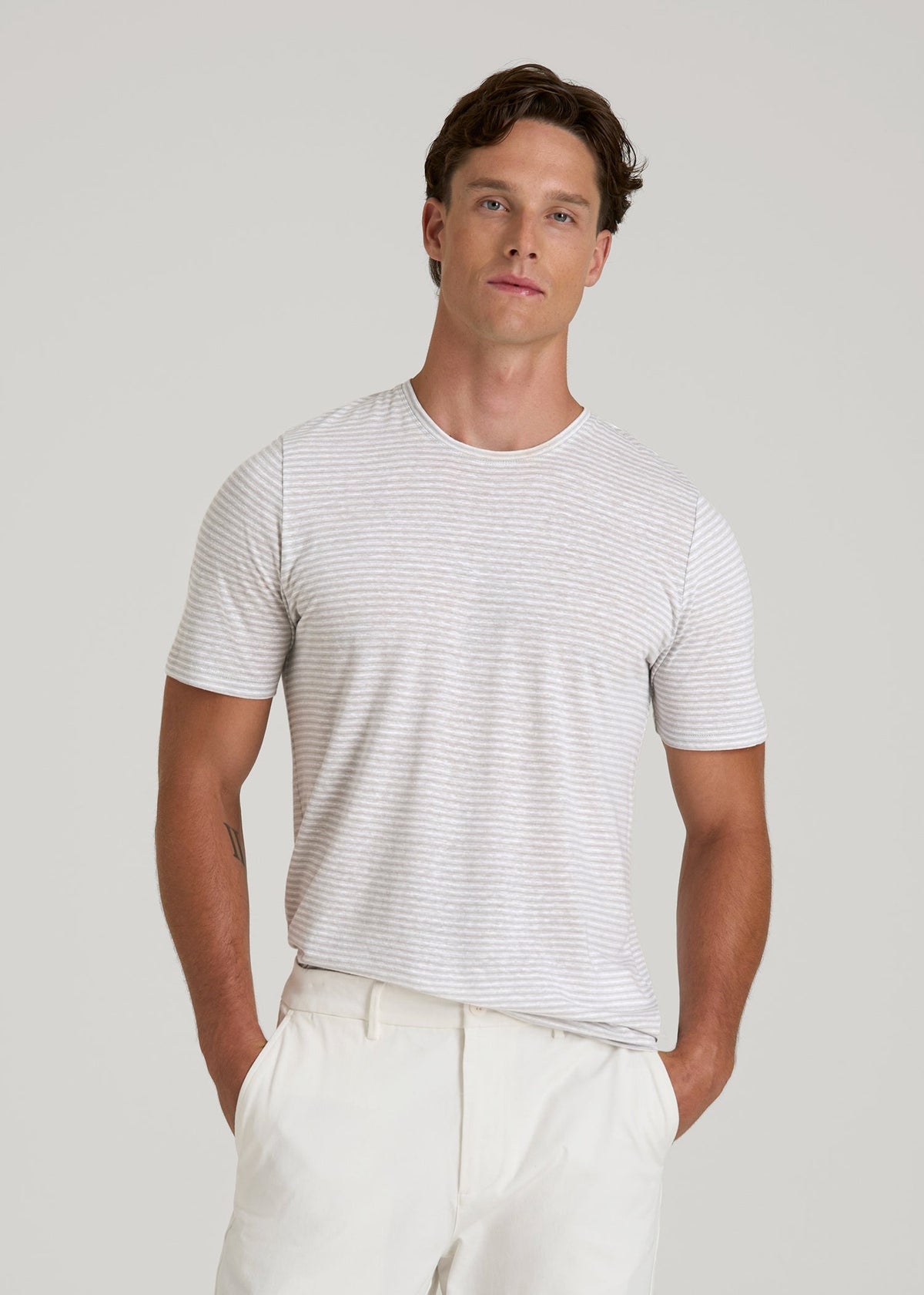 American Tall Online | Linen Crewneck T-Shirt for Tall Men in Grey and White Mini Stripe