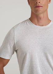 American Tall Online | Linen Crewneck T-Shirt for Tall Men in Grey and White Mini Stripe