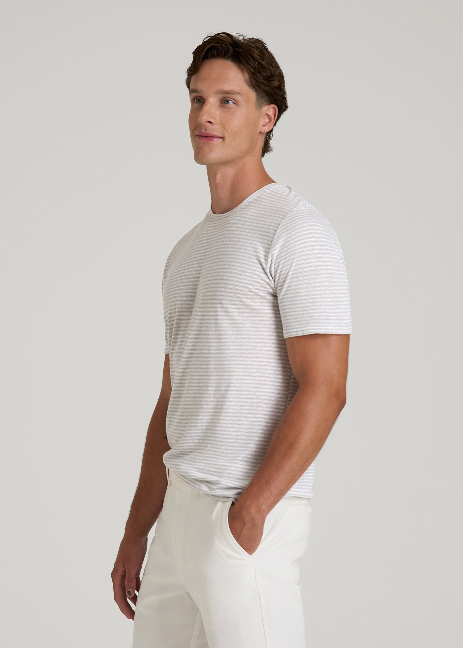 American Tall Online | Linen Crewneck T-Shirt for Tall Men in Grey and White Mini Stripe