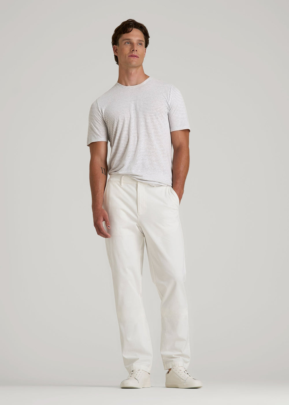 American Tall Online | Linen Crewneck T-Shirt for Tall Men in Grey and White Mini Stripe