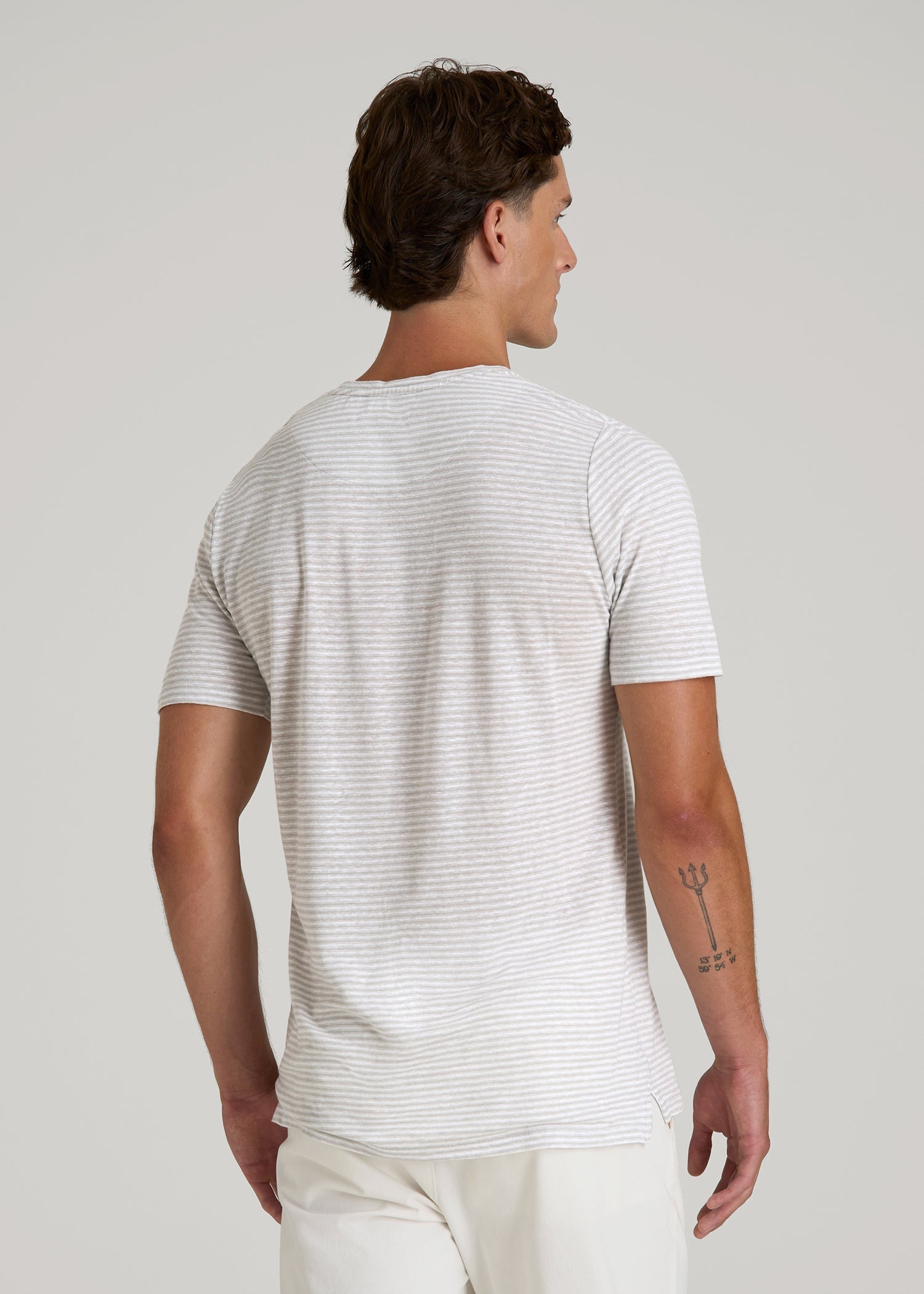 American Tall Online | Linen Crewneck T-Shirt for Tall Men in Grey and White Mini Stripe